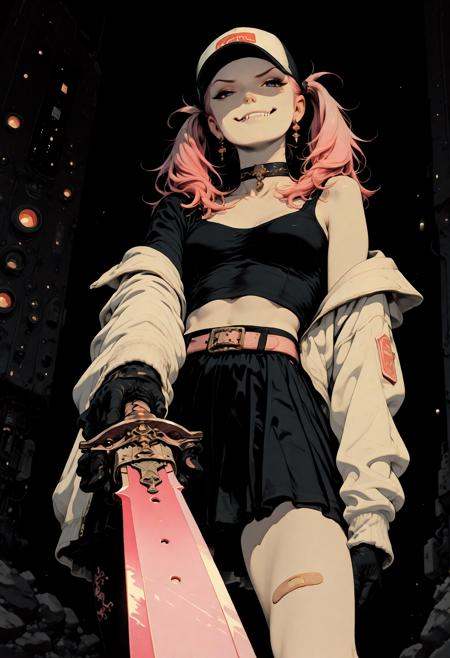 masterpiece, detailed_eyes, high_quality, best_quality, highres, absurdres, 8k, subject_focus, depth_of_field, flat color,, 1girl, standing, fighting pose,  weapon in both hands, large sword, solo, hat, jacket, long hair, holding sword, earrings, gloves, jewelry, looking at viewer, baseball cap, blue eyes, dynamic pose, foreshortening , detailed shadows, cinematic lighting, sango, aacoral, multicolored hair, pink hair, twintails, hair ornament, bandaid, black eyes, smirk, fang, choker, off shoulder, black shirt, long sleeves, sleeves past wrists, midriff, belt, black skirt, asymmetrical legwear, single leg pantyhose, ready to attack pose, upper body, dutch angle, from belowsinozick style, flat color, dark theme, in the style of cksc, illustration, masterpiece, (extremely detailed CG 8k), (very fine 8K CG), (ultra detailed perfect piece:1.2), lat color, no lineart,,(no lineart, flat art style:1.0), NO_LINE_ART, comical, simple, <lora:Sinozick_Style_XL_Pony:0.35> <lora:NOOB_vp1_detailer_by_volnovik_v1:1> <lora:ponyv6_noobV1_2_adamW:0.9> <lora:ck-shadow-circuit-IL:1>