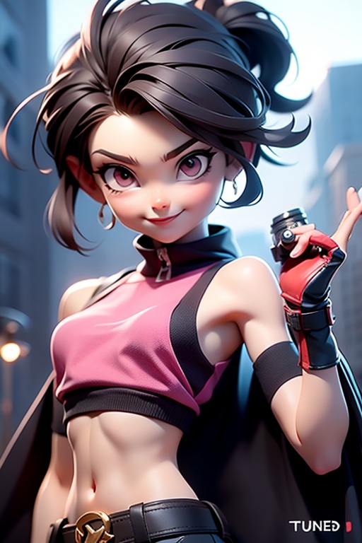 3dmm,3d,Game,icon,playmarket,JinxLol,mature female,1girl,(pink eyes),solo,looking at viewer,navel,gloves,fingerless gloves,character name,midriff,bare shoulders,looking at viewer,gun,crop top,belt,outdoors,casual,smile,look at viewer,camera focus on face,halfbody,