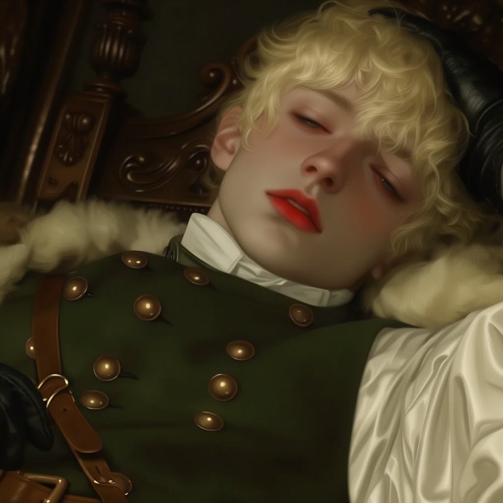 JL8STYP3,  A close-up portrait of a man reclining with eyes gently closed,  wearing a dark green double-breasted coat with...