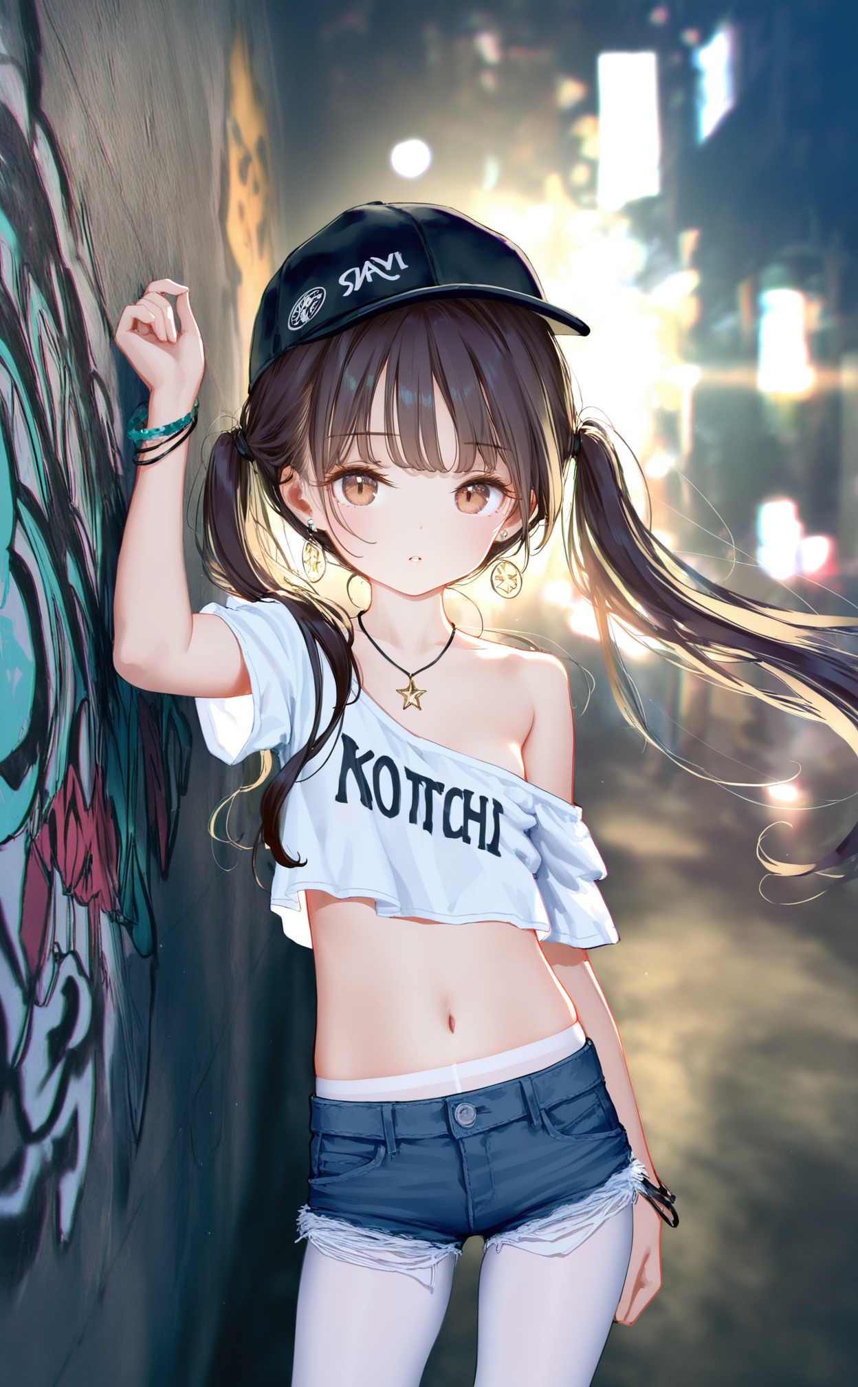 masterpiece,best quality,high quality,loli,chromatic_aberration,Light Blue Theme,//,loli,1girl,denim_shorts,shorts,denim,jewelry,necklace,solo,hat,graffiti,pantyhose,navel,twintails,long_hair,blue_shorts,shirt,looking_at_viewer,white_shirt,black_headwear,white_pantyhose,arm_up,cutoffs,short_shorts,baseball_cap,midriff,crop_top,earrings,short_sleeves,orange_eyes,standing,off_shoulder,single_bare_shoulder,parted_lips,brown_hair,clothes_writing,bracelet,against_wall,stomach,blush,star_\(symbol\),black_hair,brown_eyes,breasts,outdoors,//,year_2023,year_2024,year_2025,(artist:ningen_mame:0.9),(artist:sho_(sho_lwlw):0.9),(artist:rhasta:0.9),(artist:wlop:0.7),(artist:ke-ta:0.6),(fkey:0.5),(tianliang duohe fangdongye:0.5),(hiten \(hitenkei\):0.6),//,official art,depth of field,detailed light,blurry background,cinematic lighting,ray tracing,ultra detailed,god rays,backlighting,photo background,film grain,chromatic aberration,volumetric lighting,depth of field,blurry background,shiny skin,floating hair,cinematic lighting,day,very aesthetic,