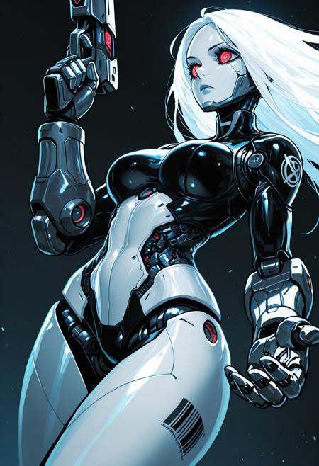 (masterpiece), (best quality), (ultra-detailed), amazing quality, very aesthetic, perfect composition, intricate details, absurdres, incredibly absurdres, clear skin, ultra-detailed-eyes, greatscore, pretty, dynamic angle, dynamic pose, mechabare, mechanical parts, solo, science fiction,sf, 1girl, cyborg, fighting stance, holding weapon, holding pistol cyborg,mechanical arms, mechanical eyes, long hair, , face focus western comics \(style\), , multiple-tonbackground , ,dynamic visul, limited palette theme,matel color trim, ,two-tone colored , Mid shot, barcode tattoo,