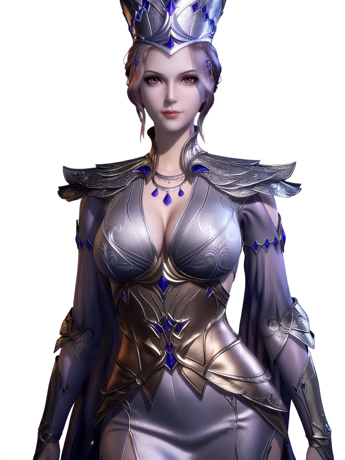 score_9,<lora:SF_BiBiDong_Pony_Realism2.3-000004:0.7>,hair ornament,dress,1girl,breasts,large breasts,armor,solo,looking at viewer,white background,simple background,cowboy_shot,