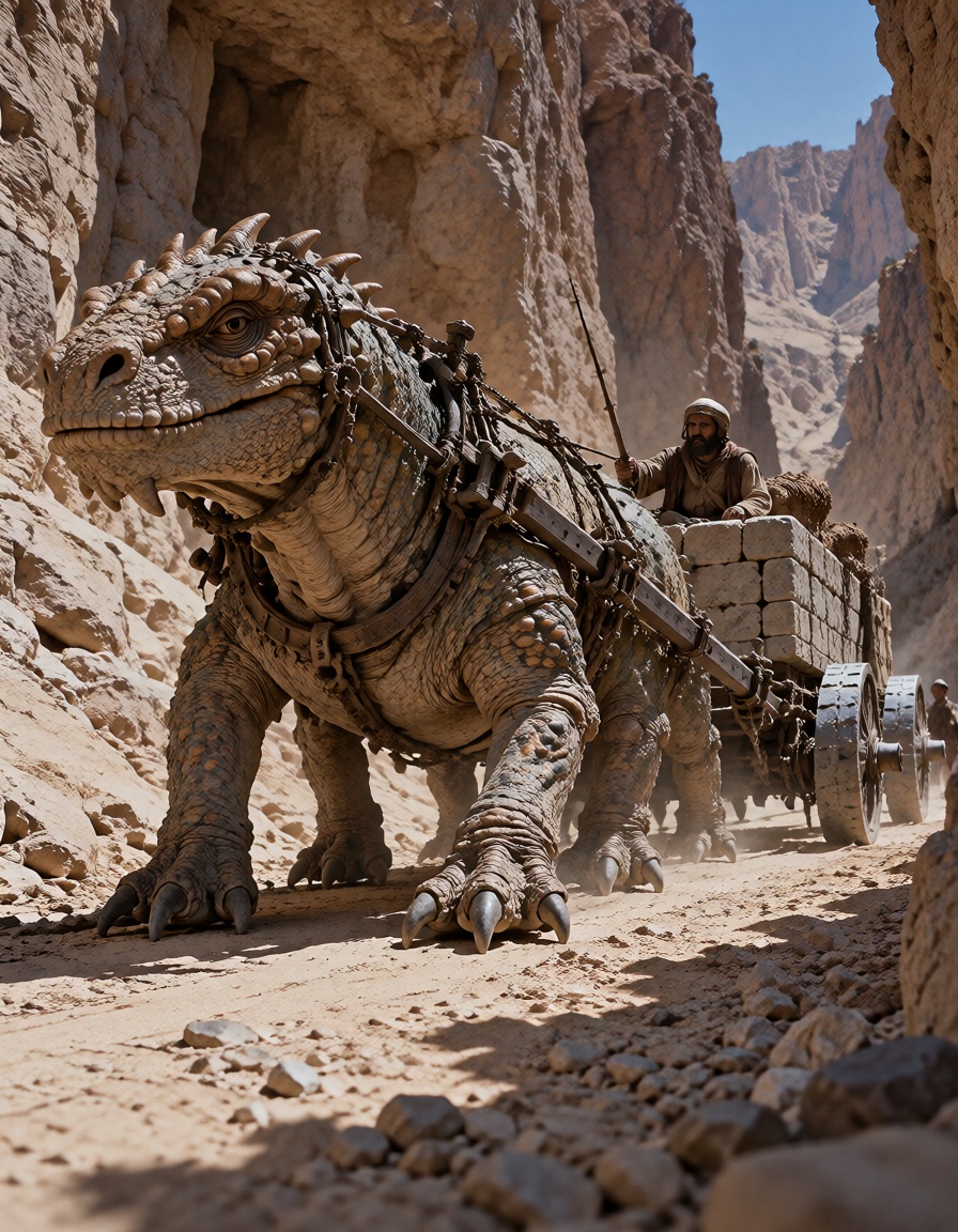 a six-legged reptilian beast pulling a stone wagon through a desert gorge,  articulated creature model with matte painted...