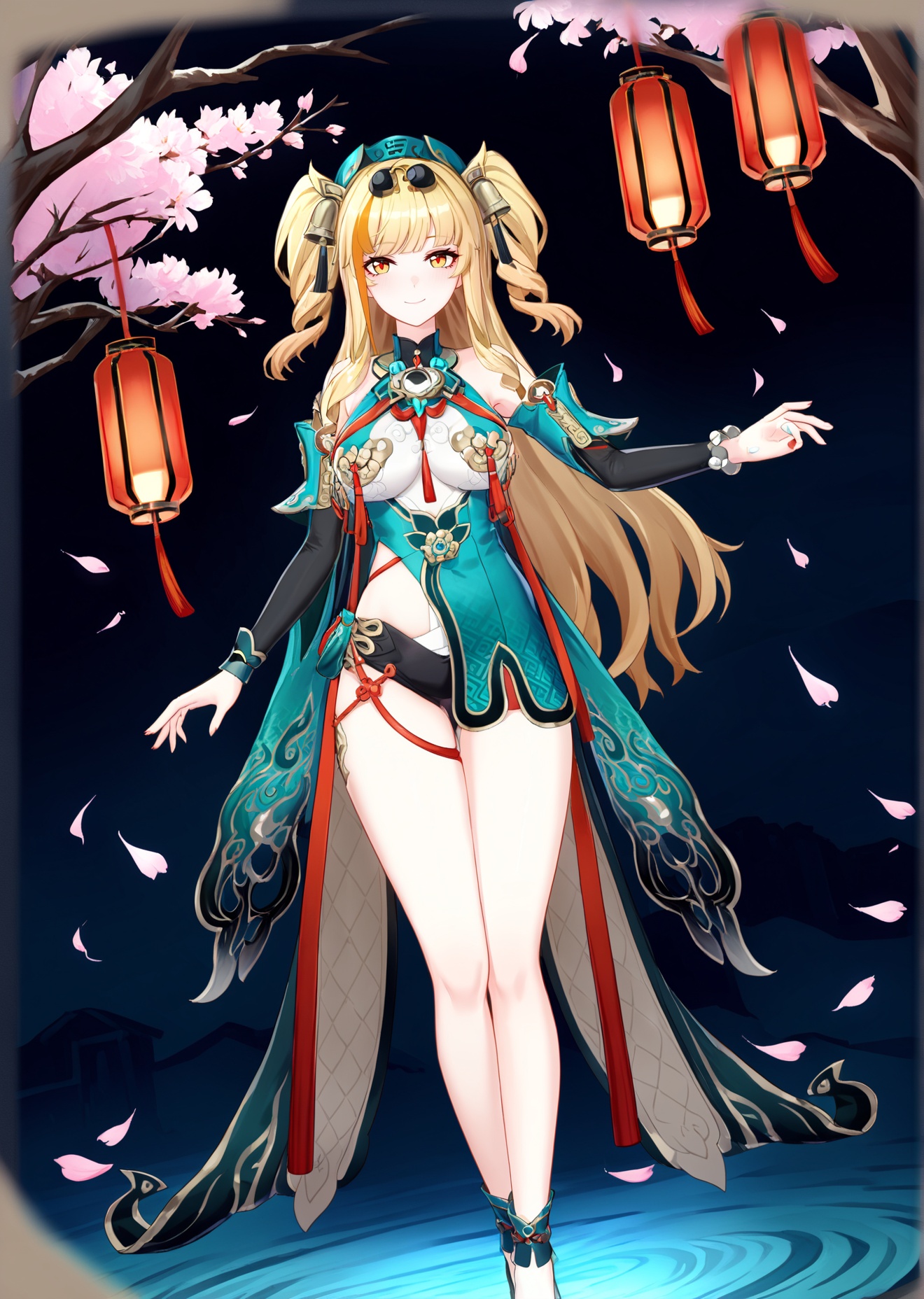 8k, best quality, masterpiece, (ultra-detailed), (high detailed skin), <lora:songque-A3-Tanger:0.8>, songque, 1st clothes, shen1, 1girl, blonde hair, long hair, two side up, breasts, multicolored hair, <lora:jijiav2-a3-Tanger-000005:0.8>, jjijia, 2d, anime, An ancient beauty, gracefully posing under a traditional Chinese pavilion, surrounded by blooming cherry blossoms. The pavilion features intricate wooden carvings and red lanterns, with a serene pond reflecting the scene. The beauty's pose is elegant and enchanting, with a soft smile and delicate gestures. Soft lighting, vibrant colors, detailed background, classical Chinese style, hd quality, natural look, 