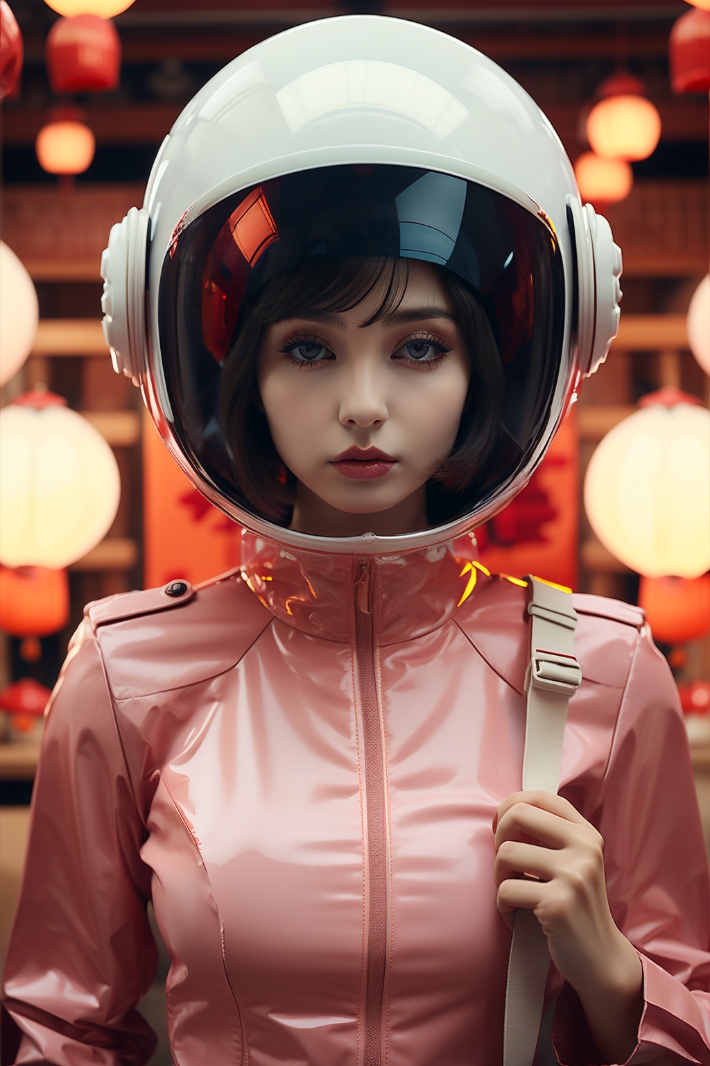 A Chinese girl with black hair,weilaishi,<lora:weilaishi-000006:0.7>,glass, helmet, paper lantern