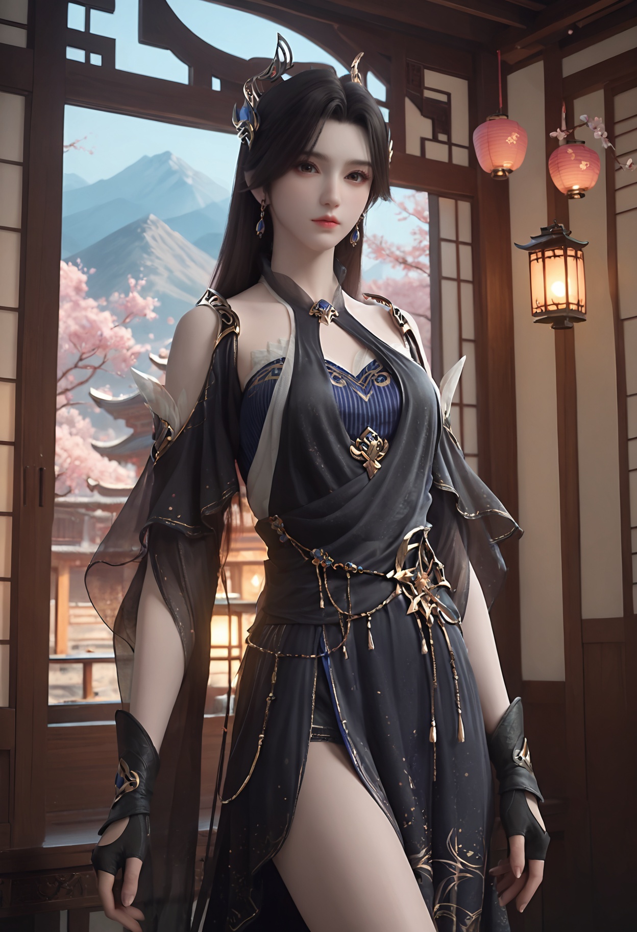 Cao_ying,1girl,hair ornament,jewelry,black hair,earrings,long hair,brown eyes,<lora:Cao_ying25_pony-000002:0.75>,clothing cutout,fingerless gloves,black dress,black gloves,blue dress,photorealistic,hyperrealistic,(pale skin:1.5),<lora:Skin Color slider by topplok2:-1>,looking at viewer,score_9,score_8_up,score_7_up,score_6_up,score_9,score_8_up,score_7_up,score_6_up source_anime,standing,lantern,open window,looking at viewer,indoors,mountains,blossoms,flowers,east asian architecture,beautiful sunrise,warm ambient temperature,