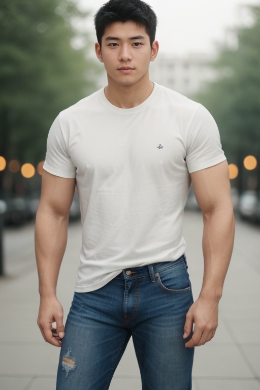 cinematic photo 1boy,solo,muscular_male,man,handsome_wataru,<lora:亚洲男士:0.4>,shirt,torn jeans . 35mm photograph, film, bokeh, professional, 4k, highly detailed