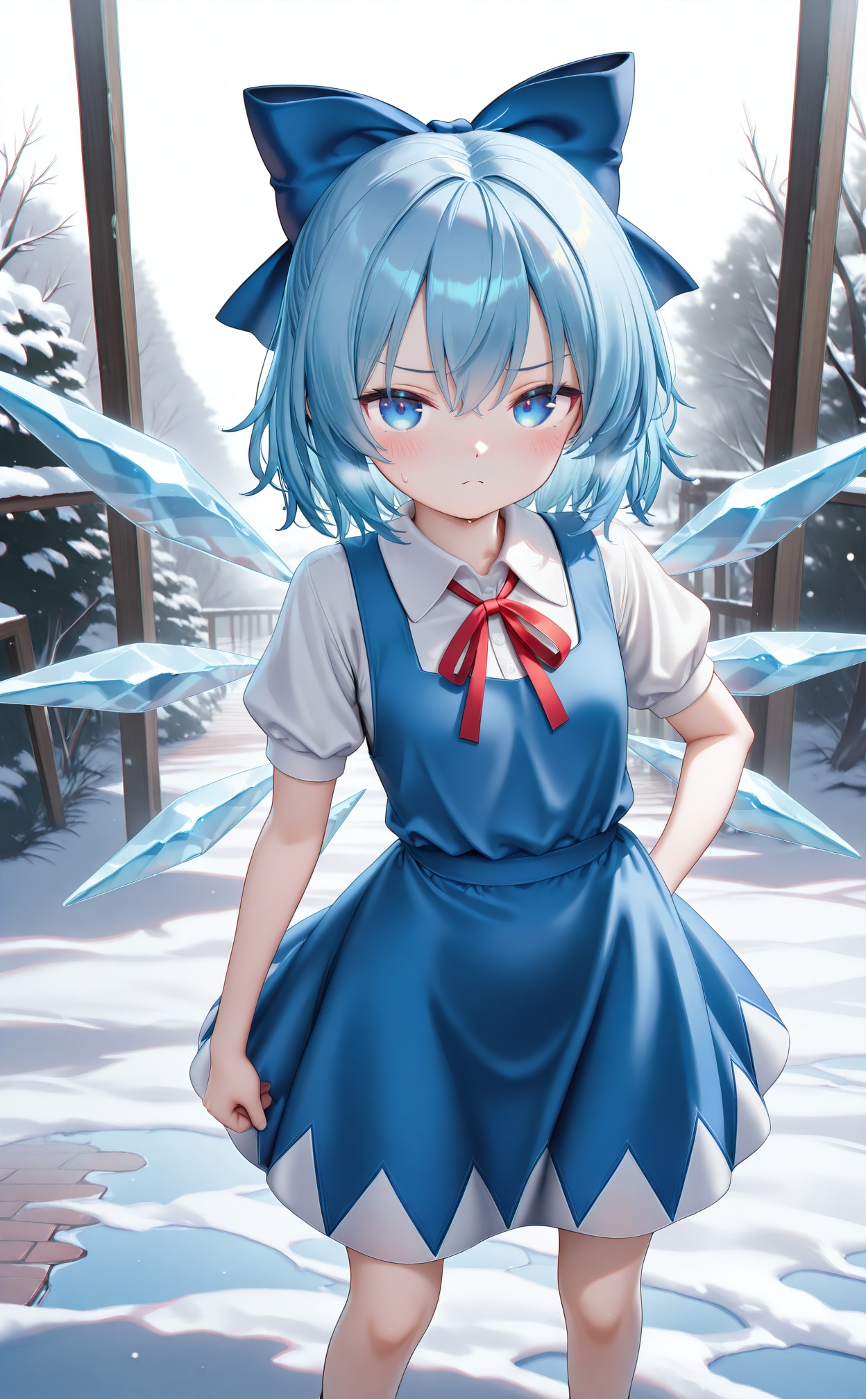 masterpiece,absurdres,best quality,high quality,chromatic_aberration,//,standing,looking_at_viewer,cirno,blue_eyes,collared_shirt,short_hair,white_shirt,blue_hair,hair_bow,blue_dress,dress,ice_wings,red neck_ribbon,snow,//,<lora:228zjlt——【CKXL】hans:0.8>,
