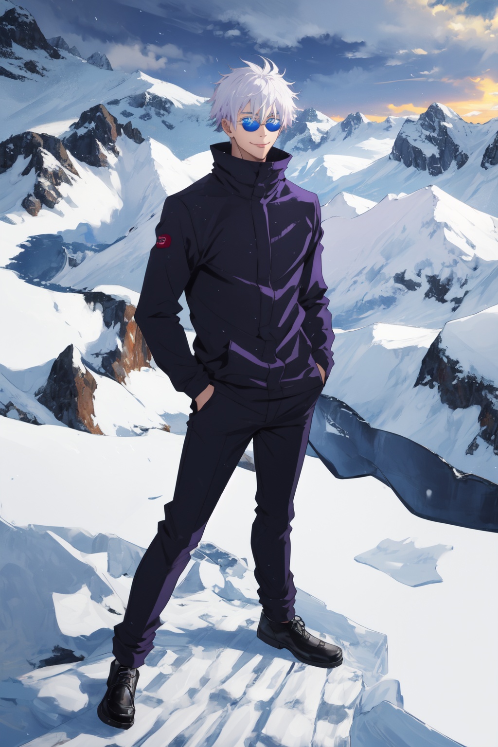 <lora:Satoru-000015:0.9>,Satoru CYQL,1boy,looking at viewer,solo,male focus,white hair,short hair,hair between eyes,blue eyes,sunglasses,round eyewear,jacket,black jacket,pants,black pants,long sleeves,smile,black footwear,high collar,shoes,profile,from_above,Majestic snow-capped mountains pierce the clouds, their snow-covered peaks shimmering in the sunlight. At their base, glaciers inch forward, carving out profound valleys,beautiful detailed sky,beautiful detailed glow,posing in front of a colorful and dynamic background,masterpiece,best quality,beautiful and aesthetic,contrapposto,female focus,wallpaper,