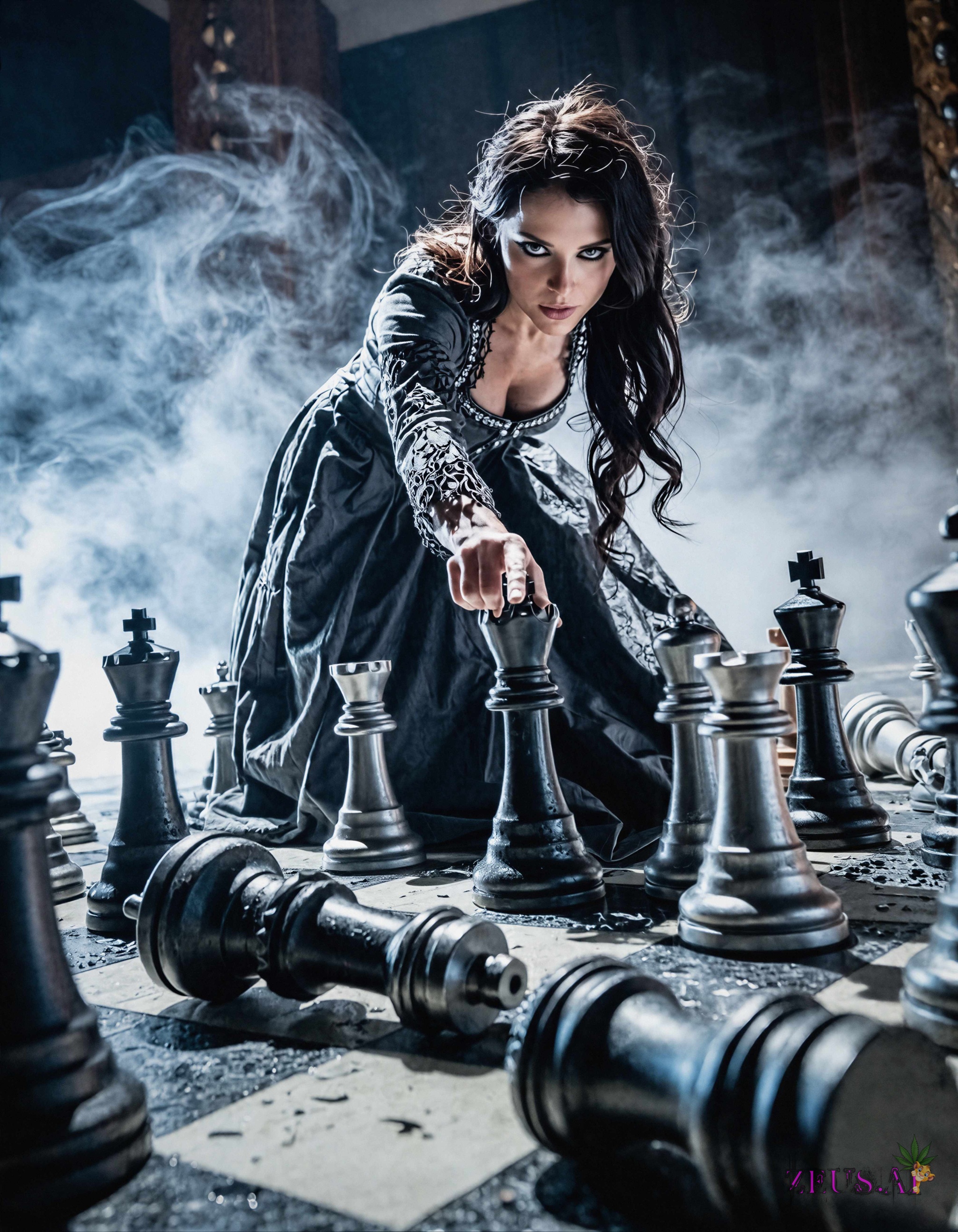 Cinematic,  low-angle shot of a fierce,  dark-haired woman in an elegant on Tensor.Art