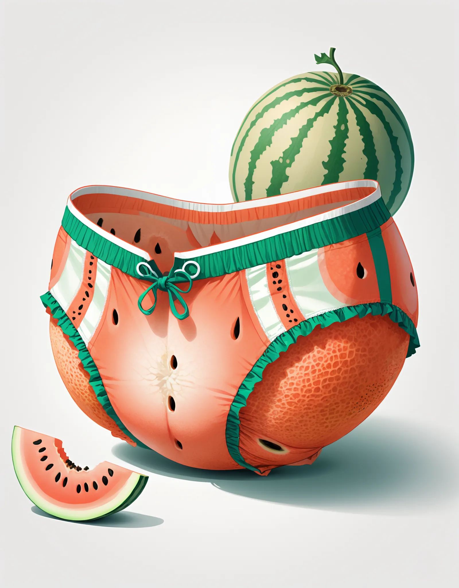 Illustration of a pair of panties made entirely out of ripe,  juicy melons,  with the texture and color of the melons vivi...