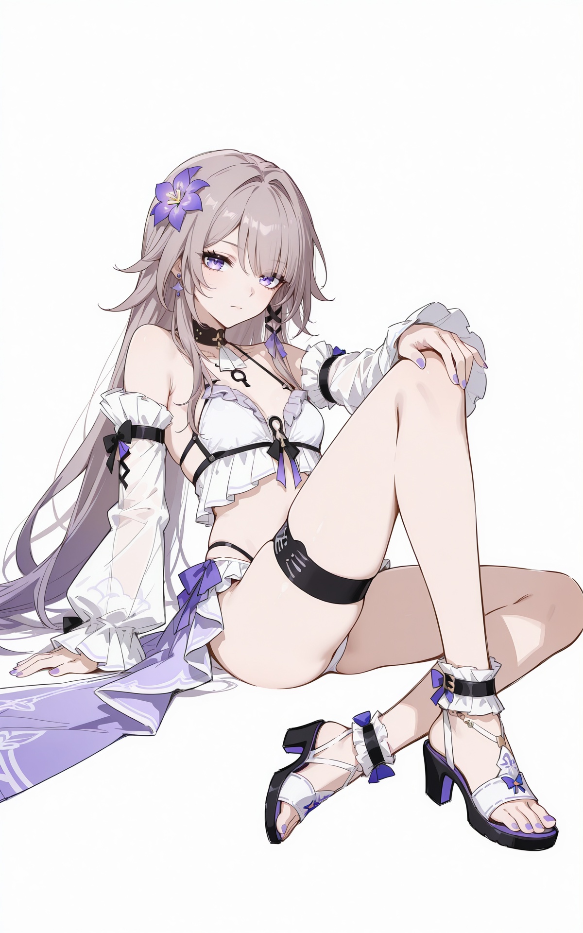 <lora:xl-ill-The Herta(honkai_star rail)-v1-000010:0.8>,The Herta\(honkai:star rail\),1girl,solo,long hair,flower,very long hair,hair ornament,hair flower,purple eyes,sitting,grey hair,high heels,white background,thigh strap,swimsuit,full body,bare shoulders,looking at viewer,sandals,bikini,jewelry,simple background,long sleeves,purple flower,white bikini,purple nails,closed mouth,nail polish,shirt,knee up,detached sleeves,frills,see-through,earrings,white shirt,legs,<lora:NOOBAI_Simple Flat Coloring_v2-000027:0.8>,Simple Flat Coloring,sketch,line,simple background,white background,