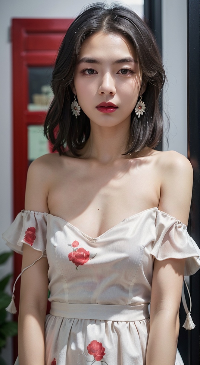 1girl,hair ornament,solo,flower,hair flower,candle,earrings,jewelry,black hair,black eyes,blurry,lips,red lips,looking at viewer,tassel,depth of field,makeup,realistic,(red_clothes:1.3),chinese clothes,floral print,upper body,medium breasts,off-the-shoulder,