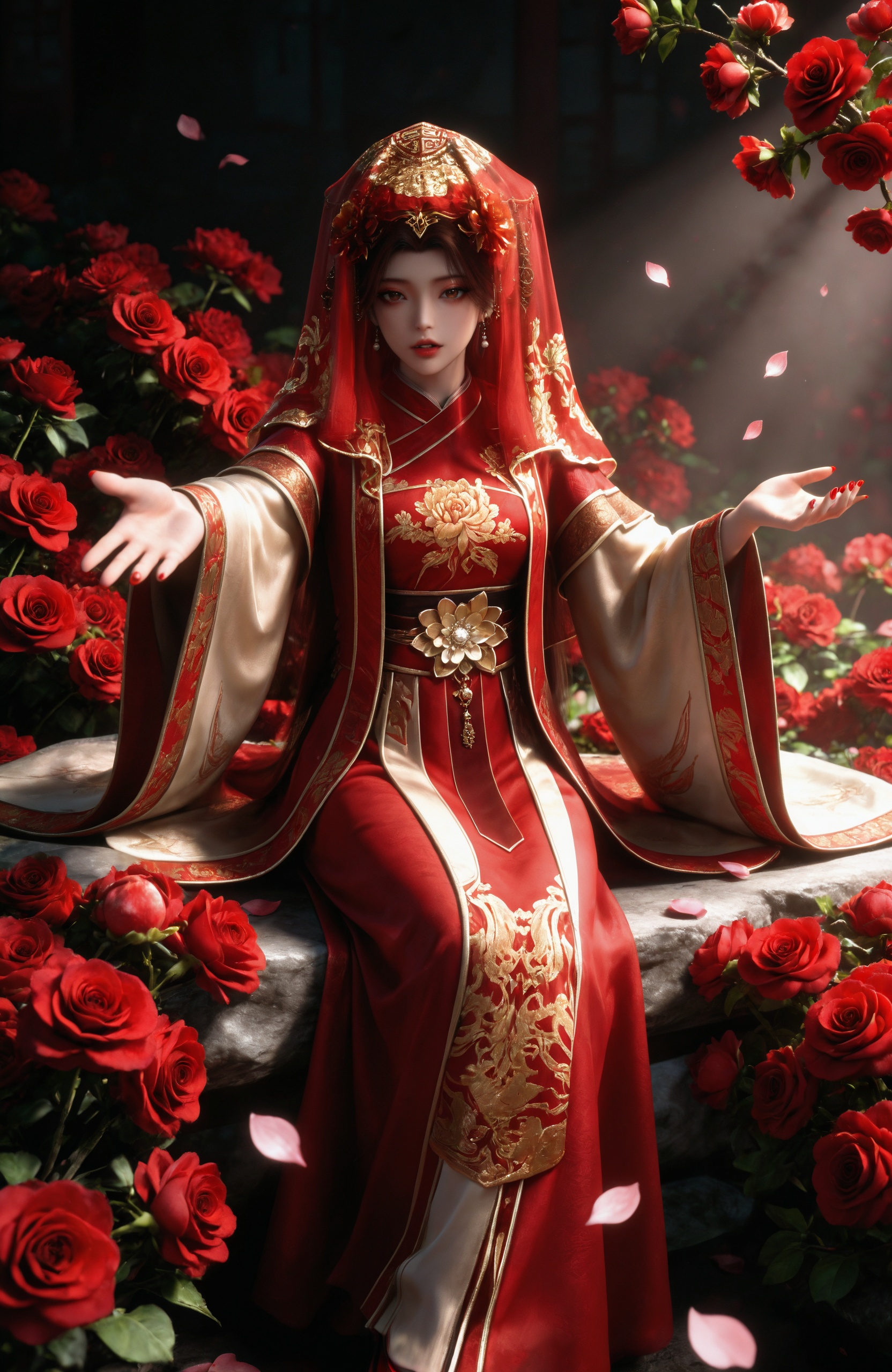 <lora:百炼成神3-新娘IL:0.7> 1girl, brown hair, long hair, hair ornament, brown eyes, earrings, chinese clothes, red dress,long sleeves, wide sleeves, red shoes, veil, red nails,, masterpiece,best quality,amazing quality,very aesthetic,high resolution,ultra-detailed,absurdres,scenery,photorealistic,looking at viewer,moody lighting,peach blossom,falling petals,realistic,photorealistic details,, 1girl,solo,lying,flower,,looking at viewer,rose,red nails,parted lips,red rose,nail polish,see-through,outstretched arm,outstretched hand,breasts,reaching towards viewer,