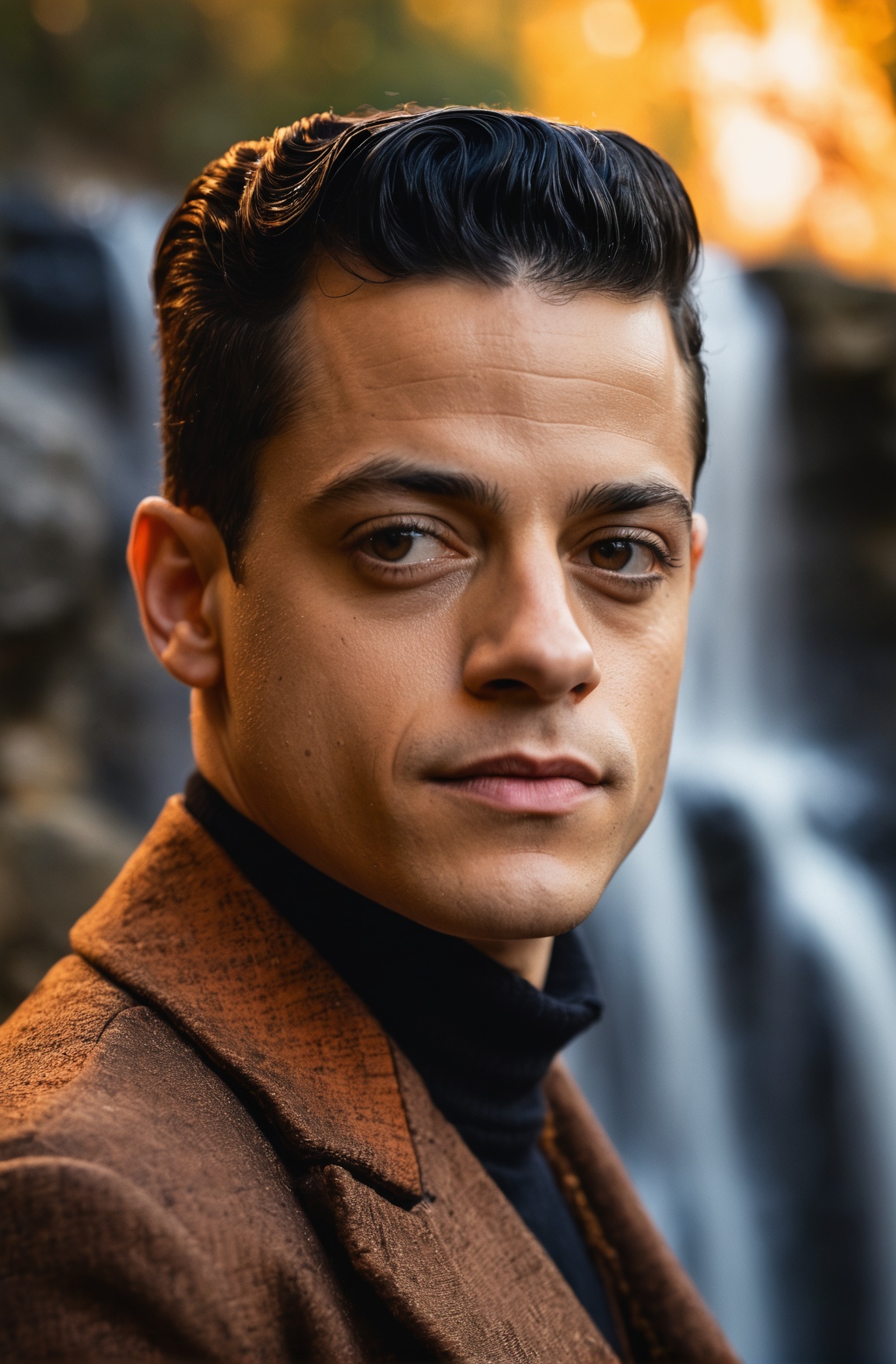 photograph,  Macho Parisien Rami Malek,  Waterfall background on Tensor.Art