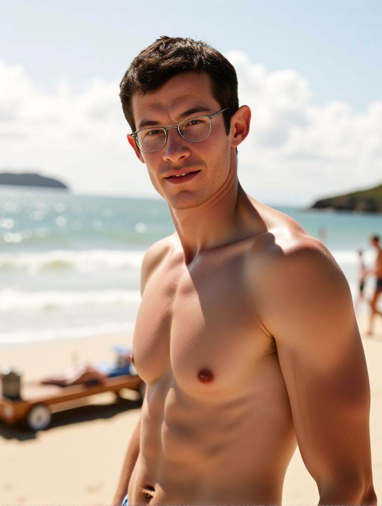 Callum Turner ,  looking handsome by the beach. homoerotic. wearing only speedos. wearing specs with circular frame. smili...