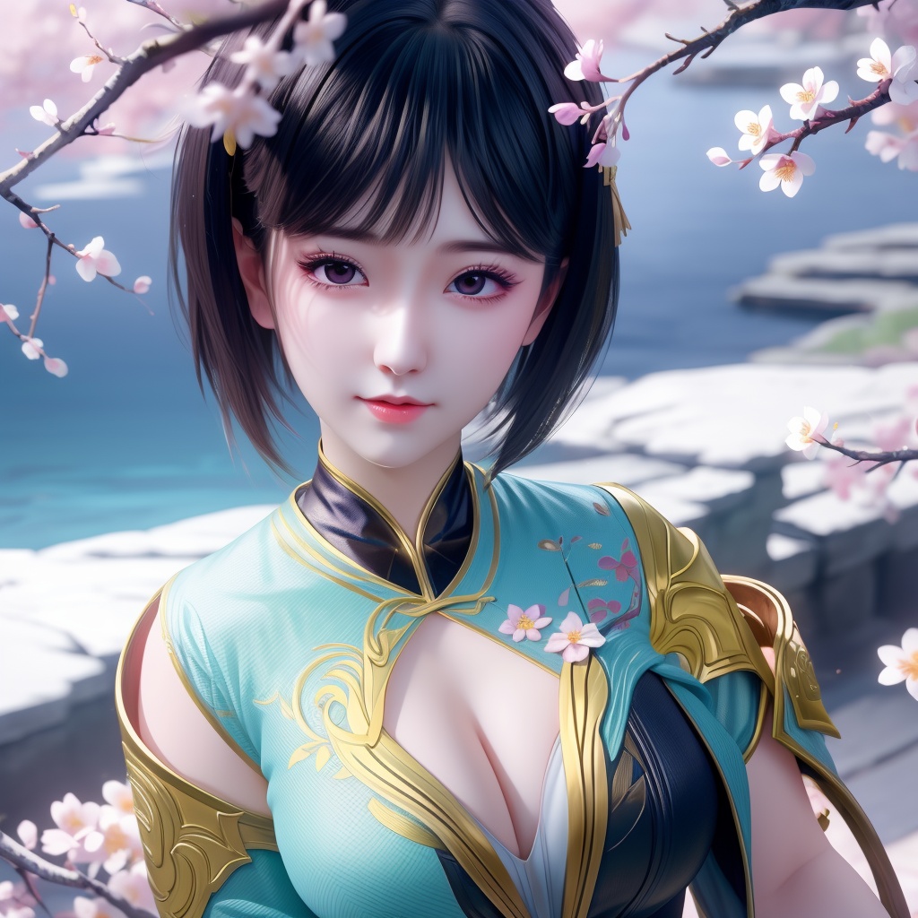 <lora:739-DA-斗破苍穹-慕青鸾:0.8>, (,1girl, ,best quality, ),looking at viewer,  ,ultra detailed background,ultra detailed background,ultra realistic 8k cg,, ,masterpiece, (( , )),, ,   plum blossoms,    ,,  (cleavage), (), ,,