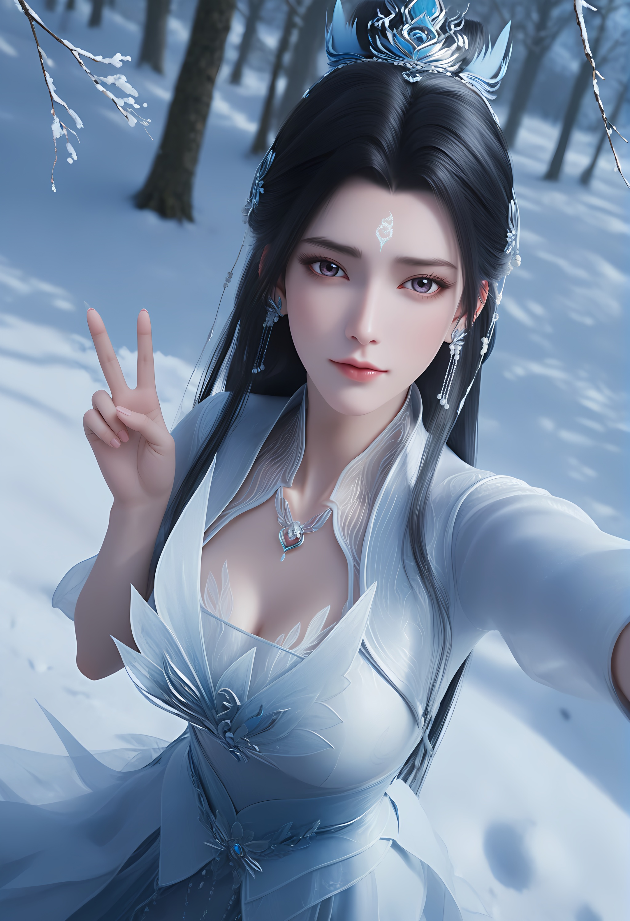 (score_9),<lora:陆雪琪2-Apony:0.82>,luxueqi,1girl,solo,long hair,black hair,hair ornament,hair bun,updo,earrings,forehead mark,dress,jewelry,necklace,hair ribbon,belt,<lora:Expressive_H-000001:0.8>,light blush,front view,dutch angle,dynamic_angle,from above,selfie,v sign,closed mouth,mature female,collarbone,pointy breasts,puffy breasts,cleavage,<lora:e肤色滑块:0.35>,fair_skin,(pale_skin),(white_skin),light skin,ultra-detailed skin texture,detailed textures,BREAKsimple background,black background,in snow,Tyndall effect,available light,depth of field,tree,snowflakes,branch,twig,<lora:e色温:0.35>,4K ultra HD,sharp focus,high detail,natural lighting,high contrast,