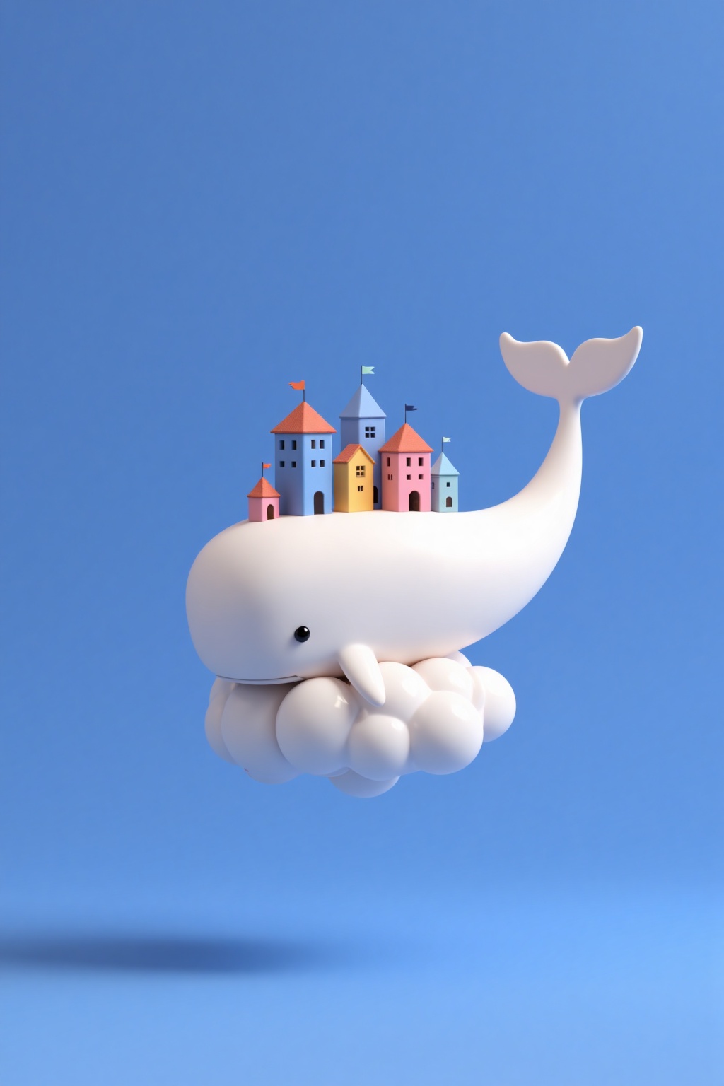 beijihui,Captured at eye-level on a vibrant blue backdrop,a 3D rendering of a white porcelain whale is soaring in the air. The whale's body is angled towards the right side of the frame,while its tail is pointed towards the left side. A small black dot is positioned at the top of the whale's head,adding a pop of color to the scene. A row of houses,each with their own own unique design,are situated on top of a fluffy white cloud. The houses are arranged in a row,with a variety of colors including pink,blue,yellow,and orange. The clouds are floating on the ground below the whale,creating a sense of depth and composition.,