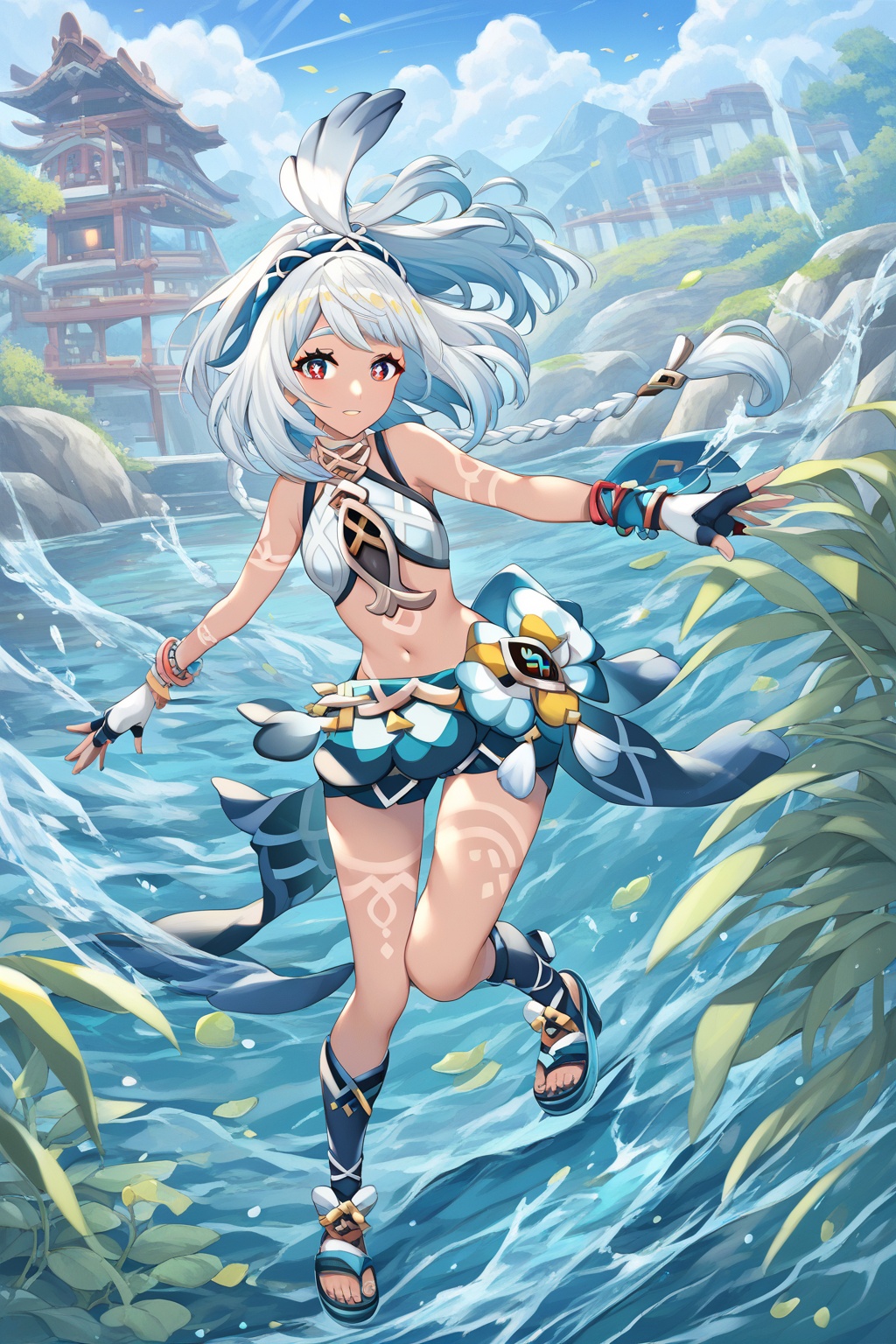 score_9,score_8_up,score_7_up,score_6_up,score_5_up,score_4_up,source_anime,source_cartoon,<lora:mualaniTuPONYXL-000008:1>,mualani \(genshin impact\),1girl,fingerless gloves,solo,twin braids,white hair,long hair,dark skin,navel,red eyes,bracelet,tanlines,sandals,jewelry,symbol-shaped_pupils,cowboy shot,shorts,outdoors,