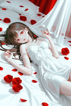 masterpiece,best quality,illustration,ultra detailed,hdr,Depth of field,(colorful),[Artist chen bin],[iumu],[Artist omone hokoma agm],Artist roha,1girl,solo,petals,red eyes,long hair,lying,brown hair,flower,on back,rose,looking at viewer,strap slip,open mouth,nail polish,red flower,bare shoulders,rose petals,bed sheet,bare arms,dress,white dress,red rose,sleeveless,red nails,breasts,sleeveless dress,holding,curtains,