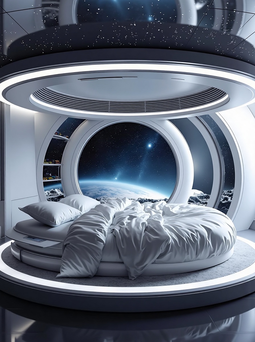 nuantool,The circular bedroom simulates the space station,with built-in air conditioning (microgravity air circulation, anti-dizzy turbulence design),fully wrapped sleeping pod (titanium alloy frame memory foam liner, built-in artificial gravity system),and a wall "star map navigation screen" (real-time display of galactic coordinates and radiation index). Core technology: The air conditioner is equipped with "cosmic dust filtering" (HEPA ion trap double purification),the cabin emits "space white noise" (1/f noise spectrum simulation),and the bed vibration module synchronizes the cruising rhythm of the spacecraft (0.7g-1.2g gravity switching). Material: titanium alloy × aerospace heat insulation tile × cosmic grade radiation-proof glass.,