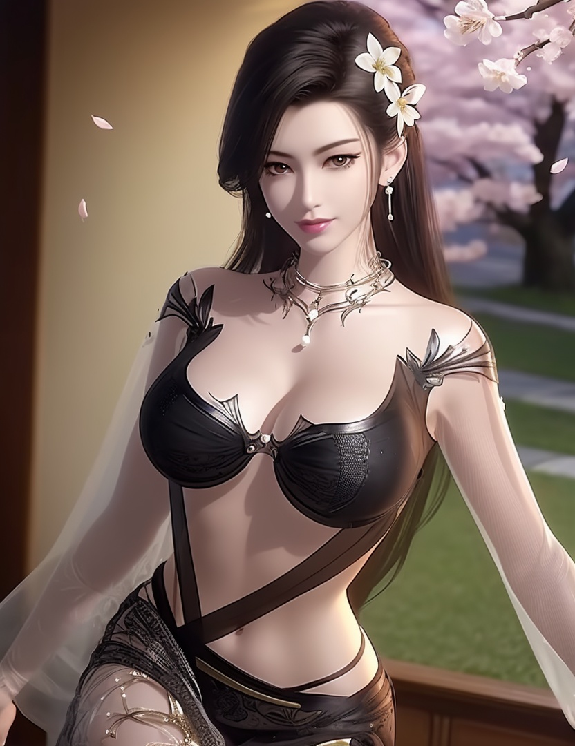 ultra realistic 8k cg, , flawless, clean, masterpiece, professional artwork, famous artwork, cinematic lighting, cinematic bloom, perfect face, beautiful face, fantasy, dreamlike, unreal, science fiction,  beautiful clothes, lace, lace trim, lace-trimmed legwear, , prestige, luxury, jewelry, diamond, gold, pearl, gem, sapphire, ruby, emerald, intricate detail, delicate pattern, charming, alluring, seductive, erotic, enchanting, hair ornament, necklace, earrings, bracelet, armlet,halo((,1girl, pov,))(((,cherry blossoms, 1girl, solo, petals,looking at viewer, large breasts, hair flower, flower, outdoors, )))  <lora:DA_CaoNvYaoNightwear:0.8>