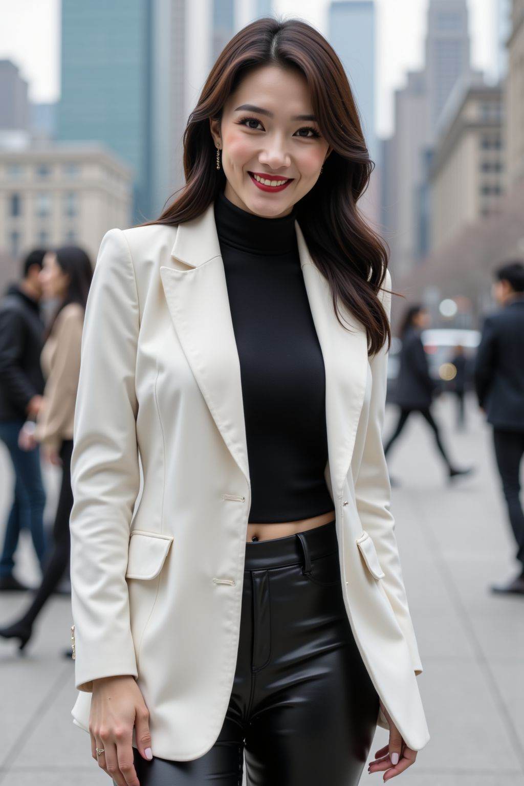 A stunning woman poses confidently in front of an urban landscape, wearing a crisp white suit jacket over a sleek black turtleneck and trousers. Her delicate makeup and bright red lipstick accentuate her gentle features, while her smiling face beams directly at the camera. Soft natural light illuminates her flawless complexion, with subtle highlights on her shiny pantyhose. Behind her, a bustling city scene unfolds, featuring multiple figures standing in sharp focus against a highly detailed urban backdrop, all captured in breathtaking 8K resolution.