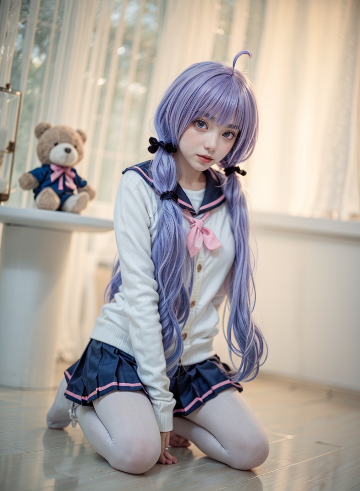 1girl,unicorn \(azur lane\),skirt,long hair,pantyhose,purple hair,stuffed animal,solo,white pantyhose,stuffed toy,looking at viewer,scrunchie,hair ornament,ahoge,school uniform,hair scrunchie,realistic,blue skirt,pleated skirt,serafuku,sailor collar,white cardigan,cardigan,blue eyes,teddy bear,twintails,bangs,low twintails,cosplay,indoors,long sleeves,blunt bangs,closed mouth,sitting,very long hair,kneeling,<lora:mikoww_20231215181645:0.8>,