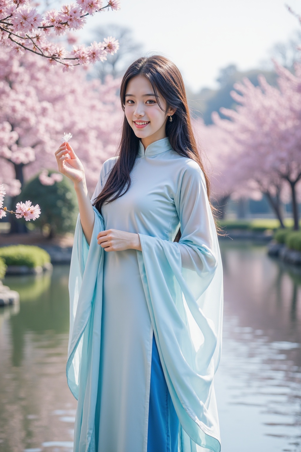 This is a high-resolution photograph featuring a young Asian woman standing in a serene outdoor setting, likely a garden or park, during springtime. She is dressed in a traditional Chinese qipao, a long, flowing gown with a high collar and wide sleeves. The gown is made of a soft, pastel blue fabric with a subtle gradient, transitioning from a pale blue at the top to a deeper, more vibrant blue at the bottom. The sleeves are long and loose, with white linings that add a touch of contrast.The woman has long, straight black hair, styled with a traditional hairpin, and she wears a gentle, natural smile. She holds a single peach blossom petal in her right hand, delicately lifting it towards her face. The background showcases a serene pond with gently rippling water, and the surrounding area is adorned with blooming cherry blossom trees, their branches laden with soft flowers. The sky above is clear and bright, suggesting a sunny day. The overall atmosphere of the photograph is calm, peaceful, and full of natural beauty, enhanced by the soft pastel colors and the delicate textures of the fabric and peach blossoms.