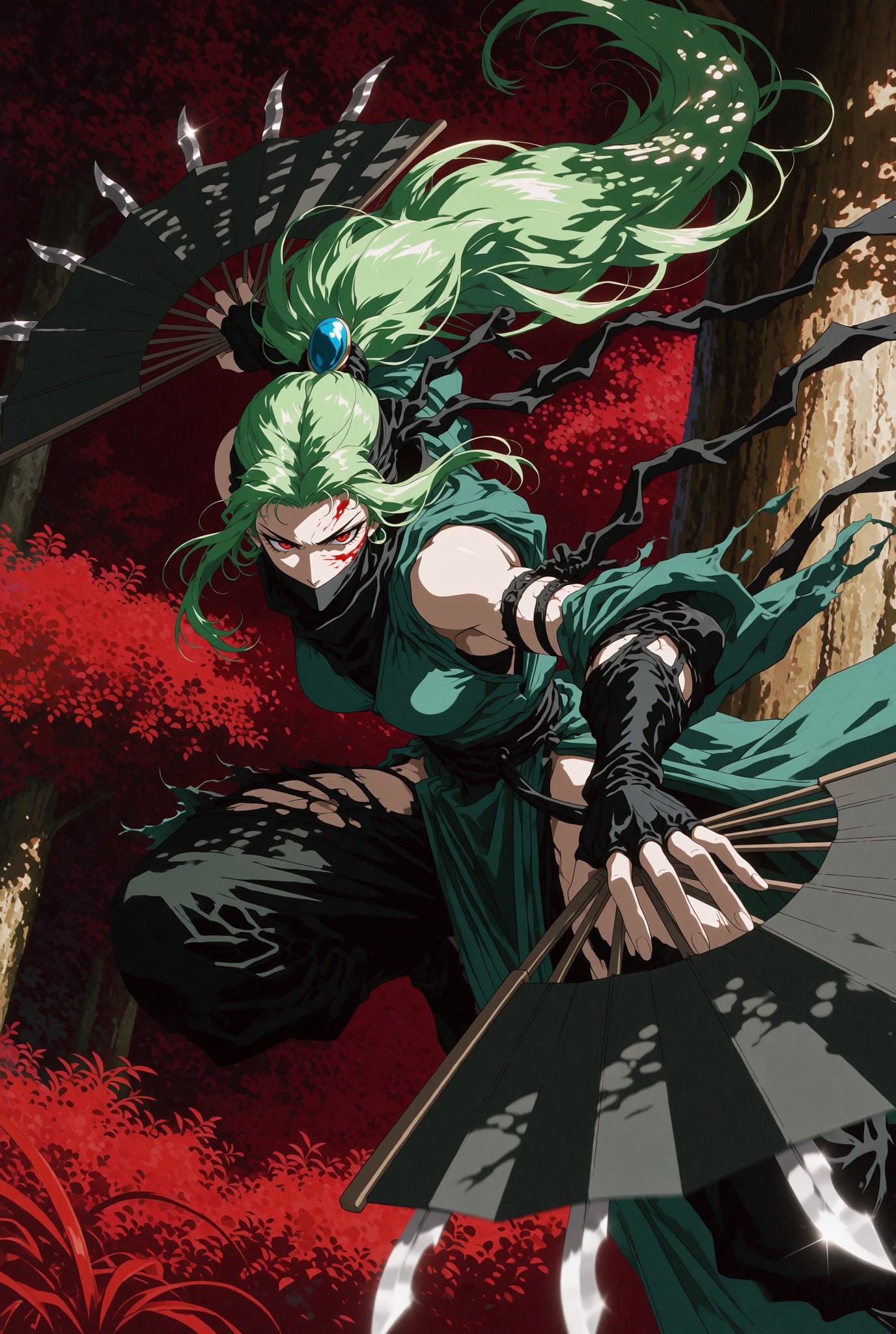 A dynamic wide angle shot from the side of a female ninja in a green and black outfit resembling Kitana or Mileena in a mi...