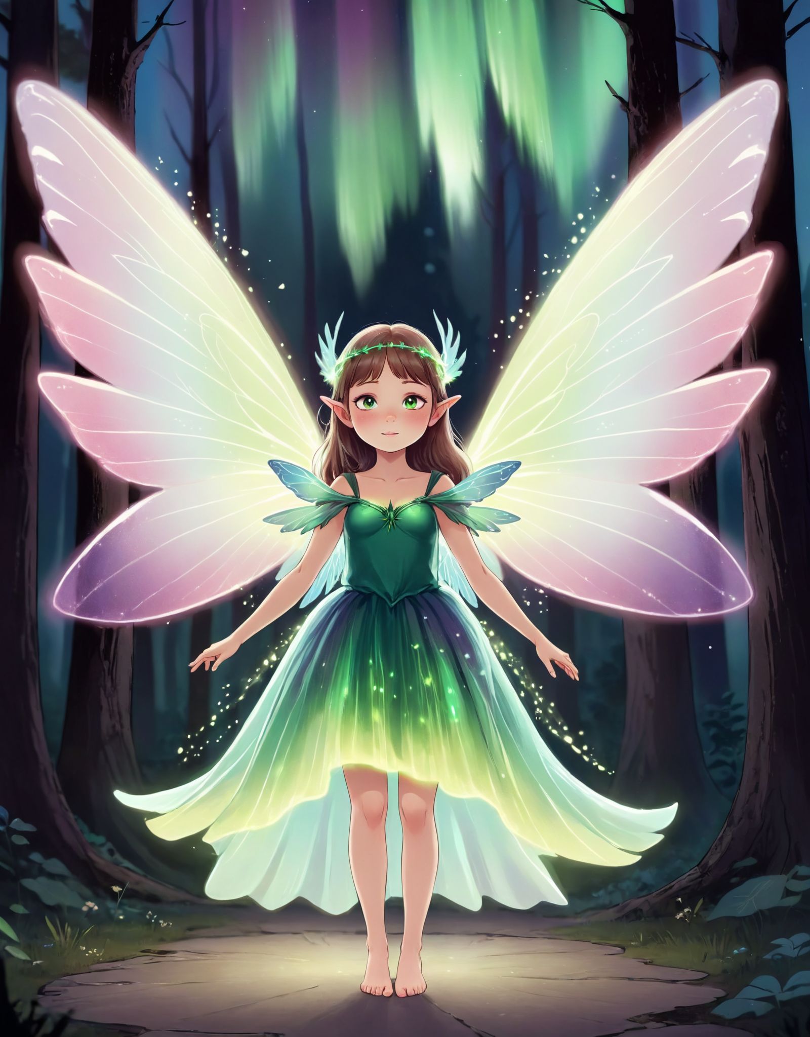A girl wearing the wings of a fairy with the effects of an aurora on Tensor.Art