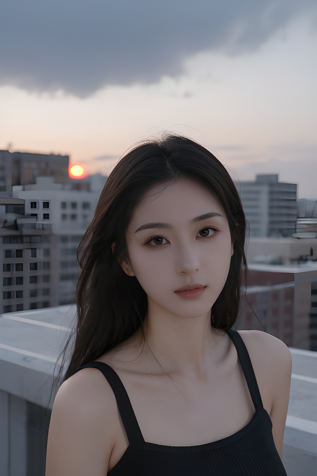 <lora:0814_04:0.7>,Frontal photography,Look front,evening,dark clouds,the setting sun,On the city rooftop,A 20 year old female,Black top,Black Leggings,black hair,long hair, dark theme, muted tones, pastel colors, high contrast, (natural skin texture, A dim light, high clarity) ((sky background))((Facial highlights)),, 1girl,realistic,masterpiece, best quality, photorealistic, HDR,detail