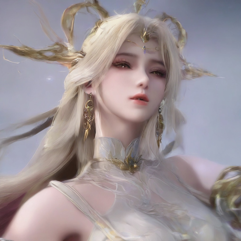 masterpiece,best quality,cinematic,(ultra-detailed),perfect composition,intricate details,absurdres,detailed face,high quality,high res,8K,1girl,solo,hair ornament,long hair,upper body,white dress,jewelry,earrings,dress,white hair,bare shoulders,looking at viewer,parted lips,realistic,teeth,blonde hair,gold long dress,barefoot,