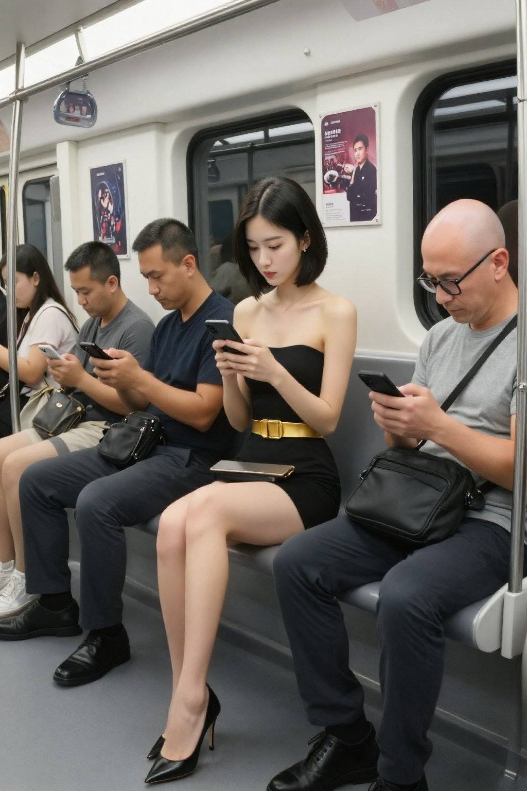 这是一张在现代地铁车厢内拍摄的高分辨率照片。照片捕捉到车厢内一群形形色色的乘客,  他们都低头看着自己的智能手机。照片中央是一位年轻的亚裔女性,  肤色白皙 by 天TIN on Tensor.Art
