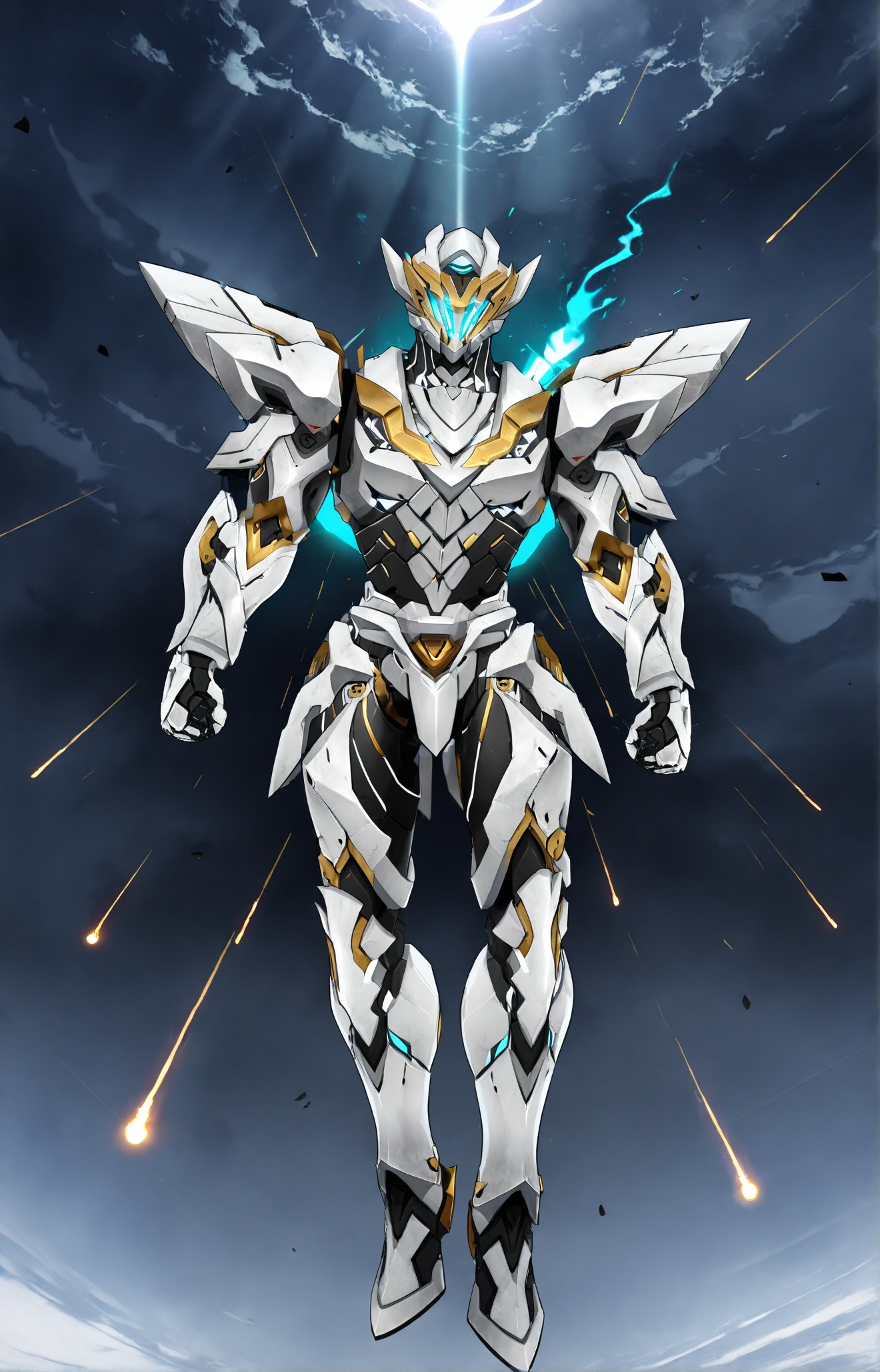8k, best quality, masterpiece, (ultra-detailed:1.1), (high detailed skin), <lora:LKtrainre-A3-Tanger-000010:0.7>, Sam /(honkai: star rail/), armor, white armor, 1boy, male focus, helmet, full body, illustration, robotic figure descending from the heavens, gleaming metal surface, emitting a soft glow, as it gracefully descends, lighting up the darkness below, a scene of futuristic wonder and awe, darkened earth below, dismal sky above, fiery meteors streaking through the atmosphere, creating a stark contrast of light and shadow, viewed from a dynamic perspective, the hero's arrival is heralded, <lora:xl_more_art-full-beta2:0.7>, 