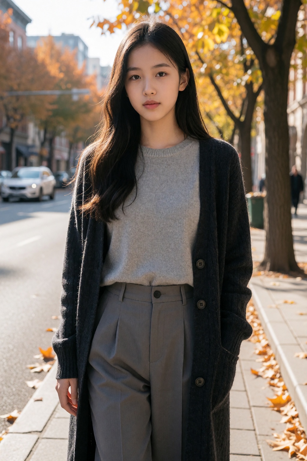 In the photo,  an East Asian woman with long black hair,  wearing a gray sweater on Tensor.Art