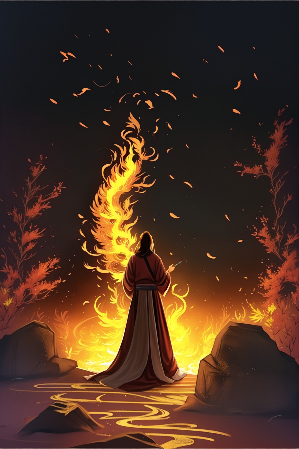 ycbh, solo, 1girl, fire, scenery, from behind,<lora:ycbh4:0.8>,