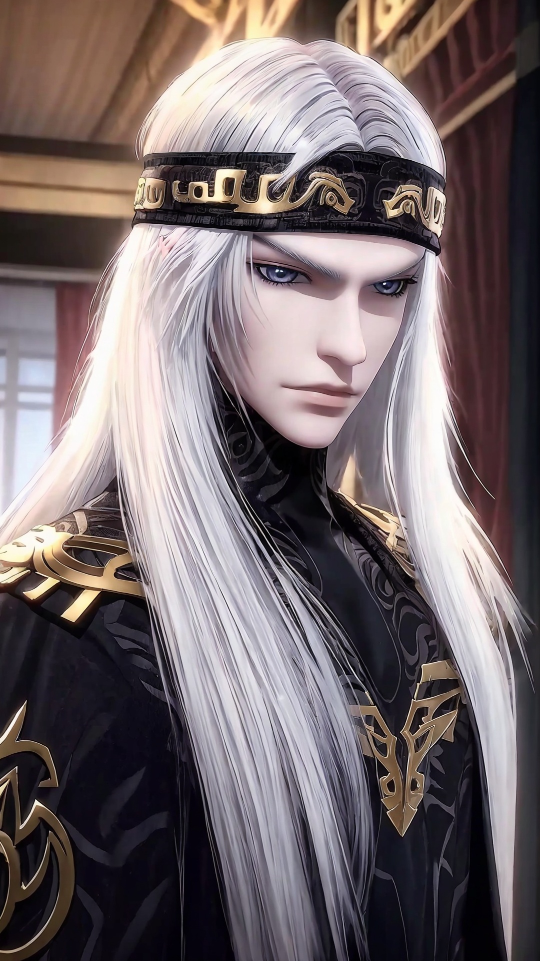 1boy,male focus,solo,headband,white hair,armor,long hair,looking at viewer,curtains,grey eyes,<lora:Weizhuang man Boy Handsome boy_20240829170049:0.8>,full_shot,incredibly absurdres,wallpaper,moody lighting,<lora:MN:0.4>,