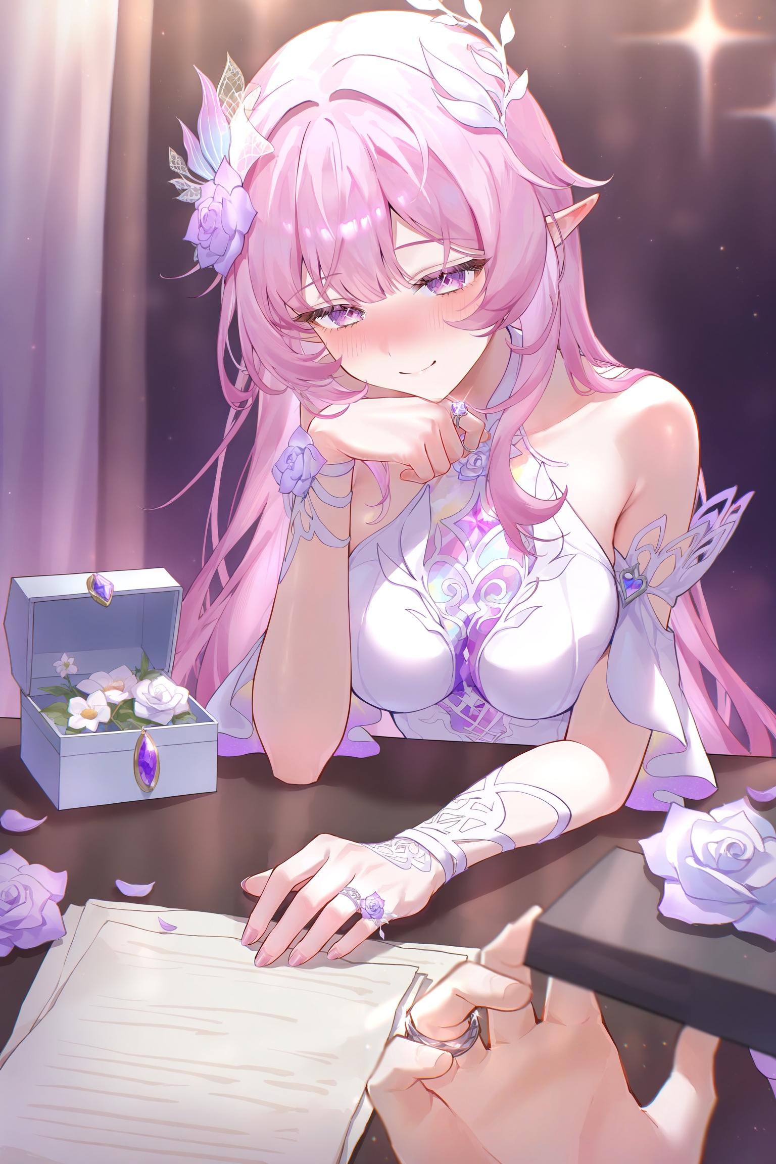 <lora:光辉V1昔涟角色V2:0.8>,xiliajn,1girl,solo,flower,long hair,pink hair,hair ornament,bare shoulders,pointy ears,dress,white dress,pink eyes,purple eyes,elf,hair flower,rose,jewelry,purple flower,white flower,diamond-shaped pupils,<lora:n11espJIMA中后期画风0.1版本XL:0.8>,iahhqxlhf,full-face blush,smile,bar table,marriage proposal,marry document,paperwork,breasts rest,front view,holding ring box,pov hand,drunk,