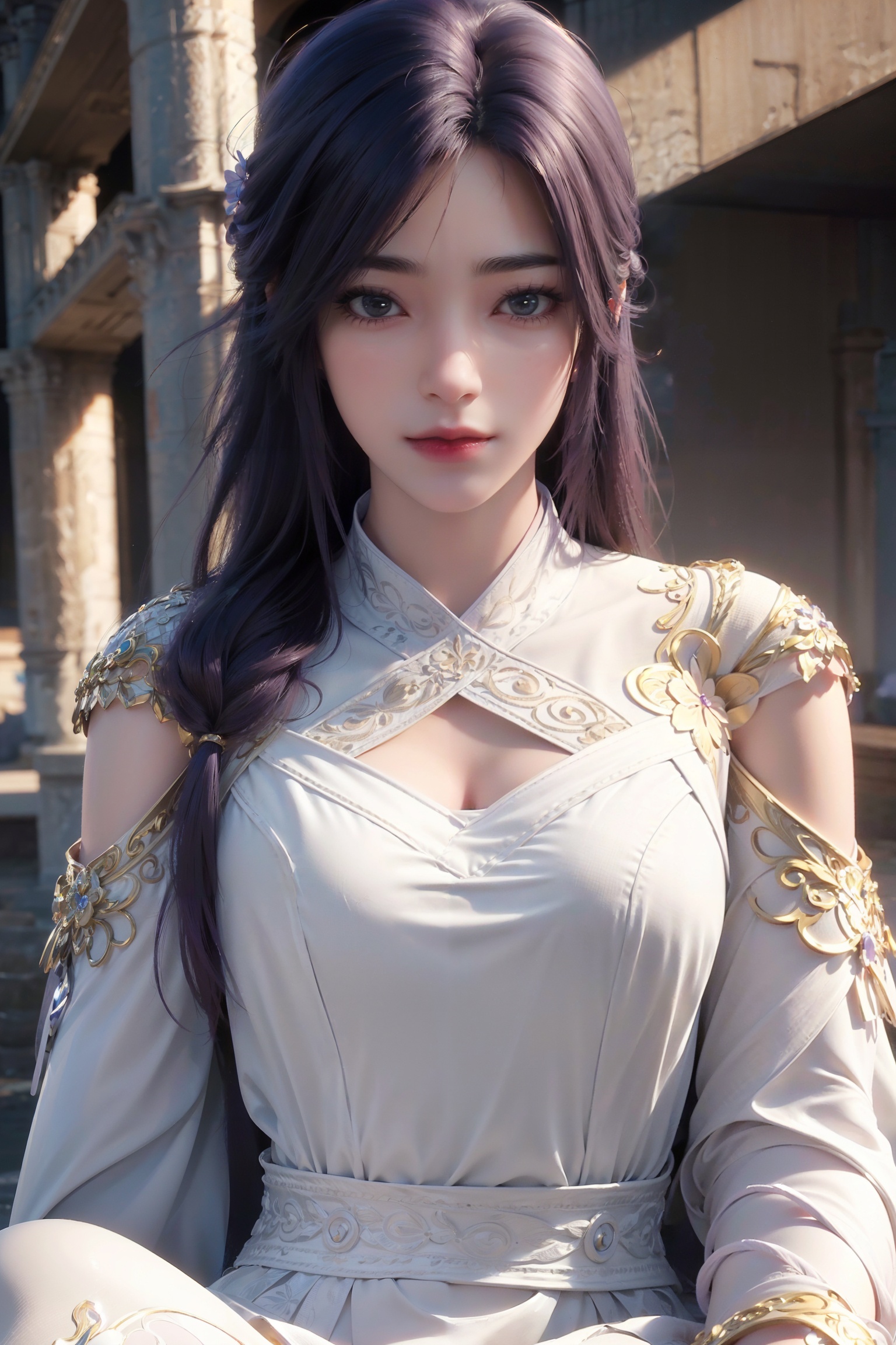 1girl,(full body:1.3),the perfect female body,fair_skin,purple hair,QYdress,looking at viewer,(8k, RAW photo, best quality, masterpiece:1.2),(realistic, photo-realistic:1.3)(raw photo)(ultra-detailed)(extremely detailed CG unity 8k wallpaper) (extremely delicate and beautiful)(detailed and intricate)(original)(highres),<lora:GoodHands-vanilla:1>,<lora:yx_v1.1:0.6>,