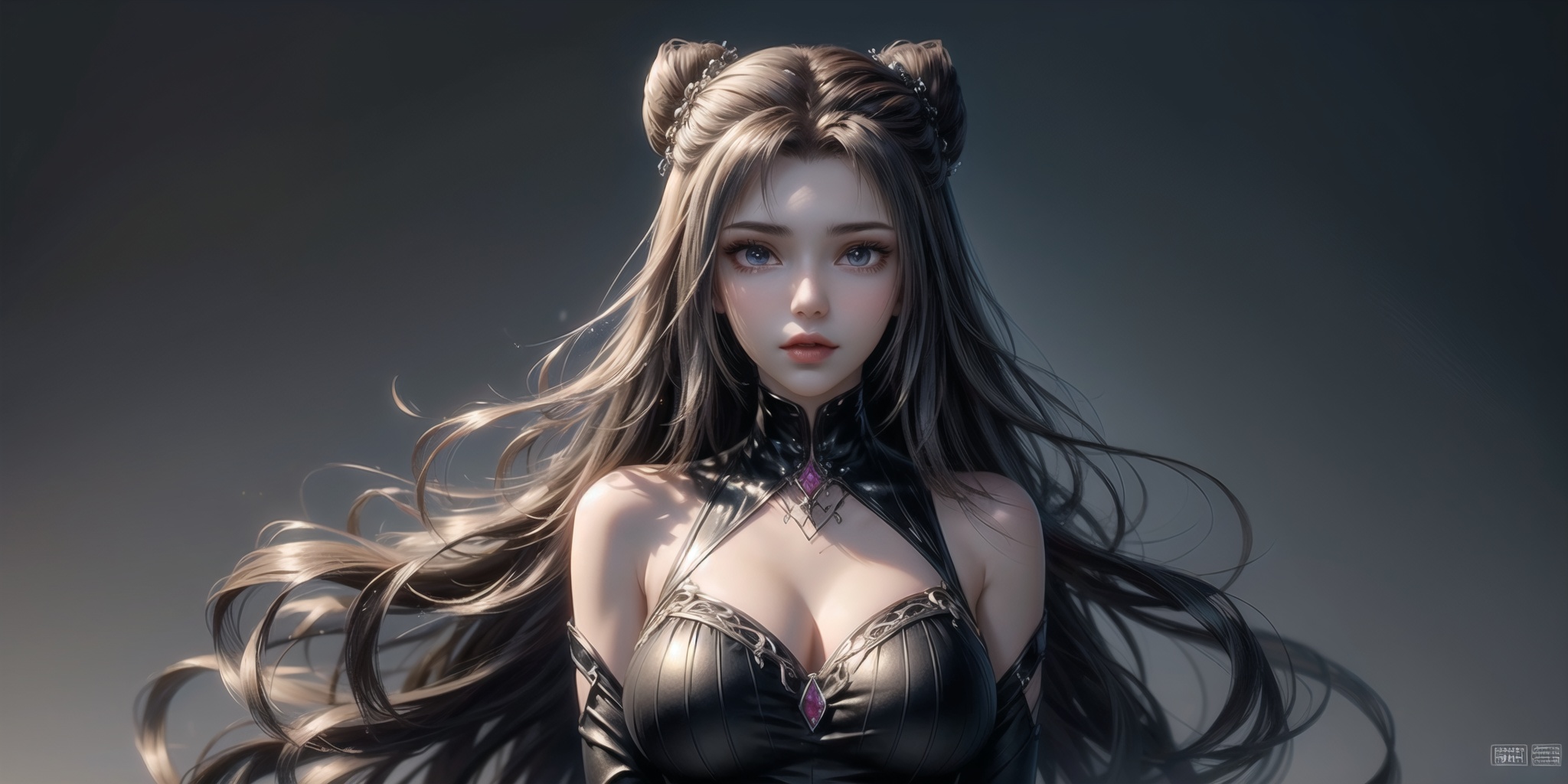 masterpiece,best quality,illustration,anime,looking at viewer,simple gray background,upper body,1girl,solo,(mature_female:1.8),long hair,black hair,breasts,lips,double_bun,medium breasts,closed mouth,hair ornament,clothing cutout,brown hair,cleavage,<lora:add_detail:1>,<lora:yueguan_20240305182317:0.7>,