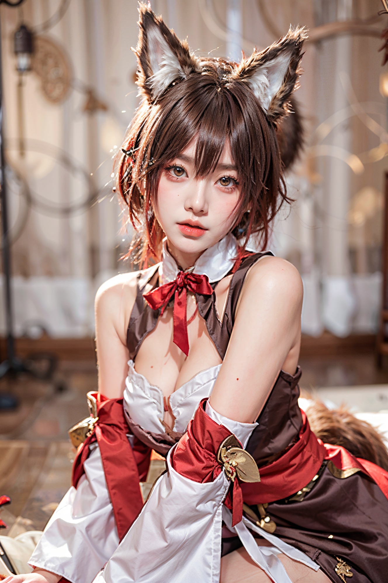 fox ears,  detached sleeves,  brown dress on Tensor.Art
