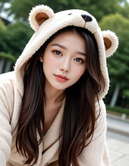 1girl, long hair, fluffy_hair, pale skin, fair skin, beauty korean, bear costume, bent over, zPDXL3, safe_pos, score_9, score_8_up, source_realistic, rating_explicit, 8k, best quality, masterpiece, expressiveh, intricate details, ultra high res, sharp focus, digital art, cinematic, extremely detailed, cinematic light, photo studio lighting, Unreal Engine, dramatic angle, dynamic camera angle, unique perspective, unique angle, wide angle, dutch angle, foreshortening, blurred eyes, innocent, beautiful detailed eyes, detailed beautiful delicate face,  realistic humid skin, detailed skin, sexy pose, sensual posture, graceful pose, curvy, scenery, blurry background