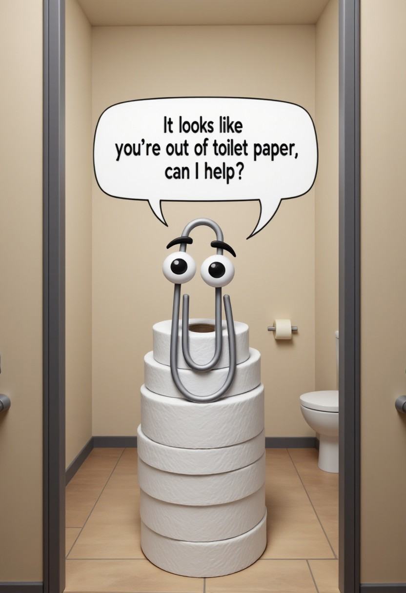 clippy sitting on a stack of toilet paper in a bathroom stall with the speech bubble "it looks like you're out of toilet p...