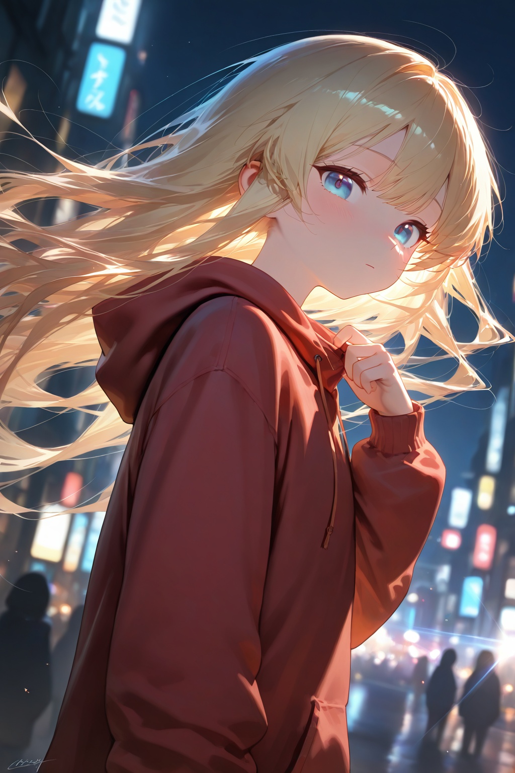 (masterpiece),loli,overexposure,chromatic_aberration,light,fair_skin,year 2024,year 2023,//, best quality, amazing quality, very aesthetic,solo,hood,long hair,red hoodie,1girl,looking at viewer,upper body,hoodie,hood down,night,blurry,blonde hair,closed mouth,blurry background,from side,outdoors,signature,blue eyes,city lights //close-up,dramatic lighting,rim light,reflective light,soft shadows,detailed shading,cinematic atmosphere,wind blowing hair,neon reflections,dynamic composition, //,(cowboy shot:0.9),floating hair,expressionless,backlighting,flashing black,shine noise,cowboy shoot,blue and white theme,depth of field,cinematic lighting,light particles,lens flare,extreme aesthetic,masterpiece,newest,Visual impact,A shot with tension,32K UHD,sharp focus,Emotionalization,masterful details,temperate atmosphere,with a high-end texture,(Visual impact:1.2),giving the poster a dynamic and visually striking appearance,impactful picture,colorful,splash of color,movie perspective,newest,sfsk,slxy,qxsy,depth of field,detailed light,blurry background,best shadow,shiny skin,cinematic lighting,ray tracing,absurdres,HDR,