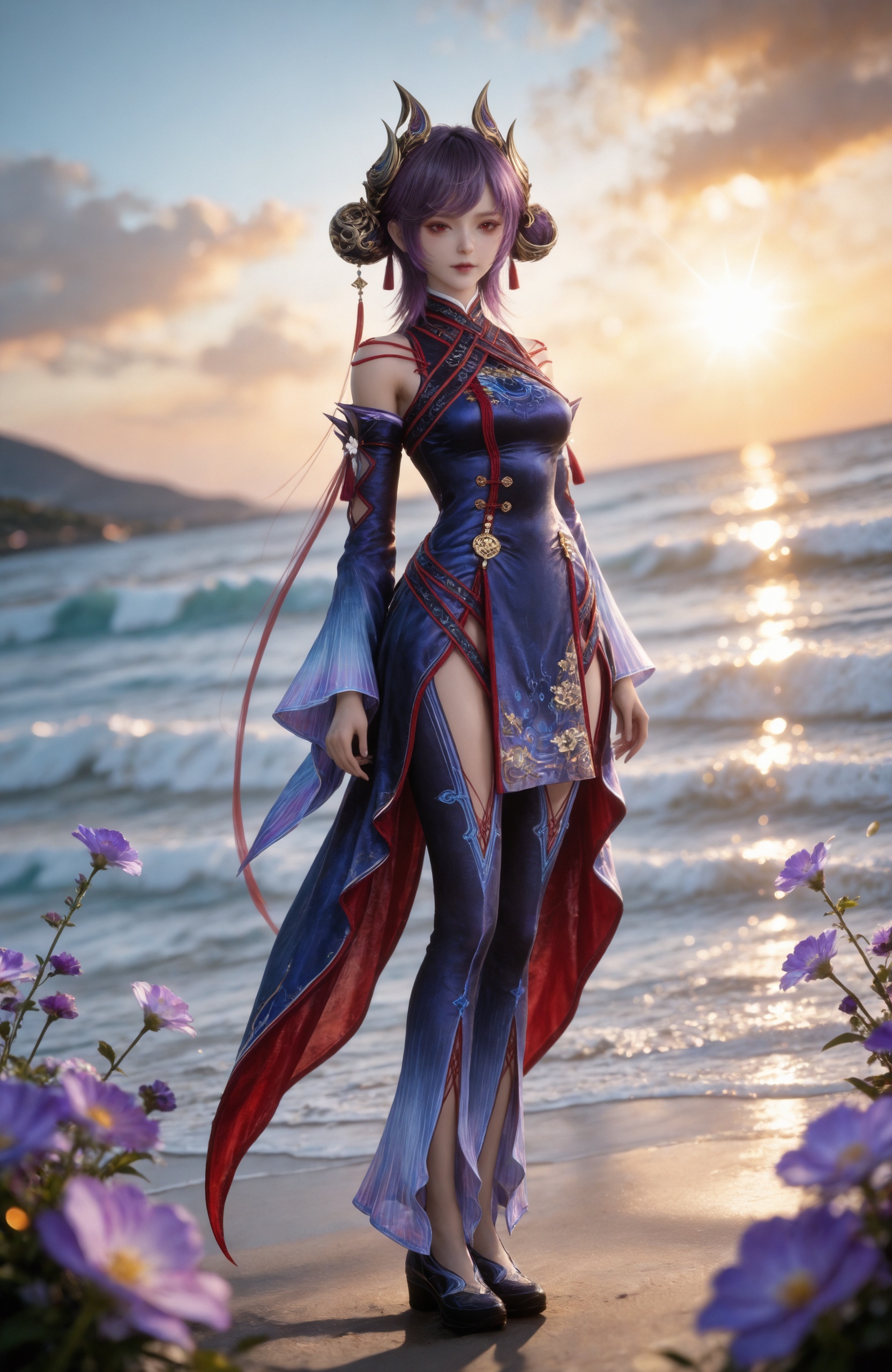 <lora:牧神记-司芸香IL:0.7> 1girl, hair ornament, red eyes, purple hair, horns, lips,blue dress, thighhighs, bare shoulders, wide sleeves,detached sleeves,  chinese clothes, purple flower,, realistic style photo,outstanding style,Use soft lighting to cast gentle shadows on the subject,adding a touch of dimension to your images without compromising details,whirls of vapor,(Anime:1.1),soft neon light,ethereal ambiance,delicate details,magical atmosphere,concept art,highly detailed,ultra-high resolution,32K UHD,sharp focus,best-quality,masterpiece,golden hour,unconventional supreme masterpiece,masterful details,temperate atmosphere,with a high-end texture,in the style of fashion photography,magazine style,Dynamic Angle,Dynamic posture,magazine style,Dynamic Angle,Dynamic posture,(cowboy_shot:1.2),eye trail,depth of field,cinematic lighting,lens flare,close-up,extreme aesthetic,(wlop:0.6),(honjou raita,lack,rella,wanke:0.5),masterpiece,best quality,good quality,newest,year 2025,very aesthetic,absurdres,Visual impact,A shot with tension,ultra-high resolution,32K UHD,sharp focus,best-quality,masterpiece,Emotionalization,unconventional supreme masterpiece,masterful details,temperate atmosphere,with a high-end texture,in the style of fashion photography,(Visual impact:1.2),giving the poster a dynamic and visually striking appearance,, standing,Seaside,beach,waves,full body,