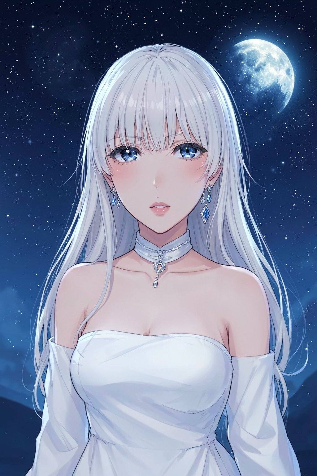 <lora:20260210_TinFlux2KleinAnimeLora2:0>, long hair, starry sky, earrings, dress, moon, star (sky), bangs, sky, white dress, bare shoulders, night, jewelry, starry night, 1girl, original character, starry eyes, white hair, full moon, parted bangs, sfw, solo, lips, bare arms, blue eyes, looking at viewer, white choker, night sky, choker, breasts, long sleeves, parted lips, upper body, star, moonlight, small breasts, night sky, night sky background, strapless, strapless dress