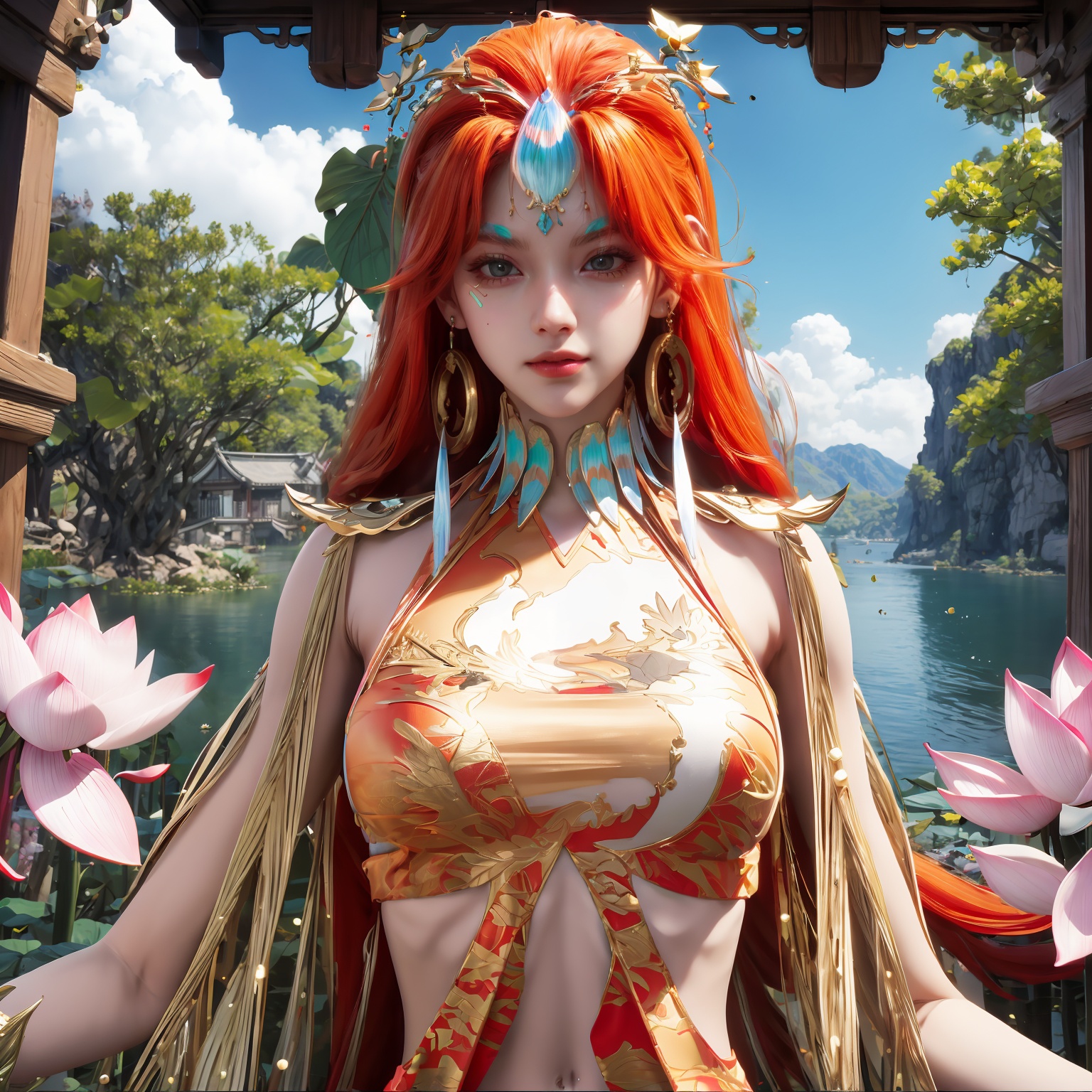 masterpiece,best quality,official art,extremely detailed CG unity 8k wallpaper,realistic,light rays,light particles,1girl,solo,red_hair,long_hair,breasts,jewelry,dress,medium chest,blue theme,scenery,reflection,outdoors,lotus leaf,(lotus:1.3),lake water,blue sky,white cloud,long_hair,earrings,hair_ornament,hairpin,dynamic pose,looking at viewer,chinese_clothes,