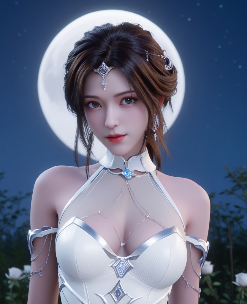 <lora:613-DA-XL-神印王座-白玥:0.8>(,1girl, ,best quality, ),looking at viewer,masterpiece, (( , )),, realistic,science fiction,mole, ultra realistic 8k cg, moonlight,full moon,  rose,(cleavage), (),